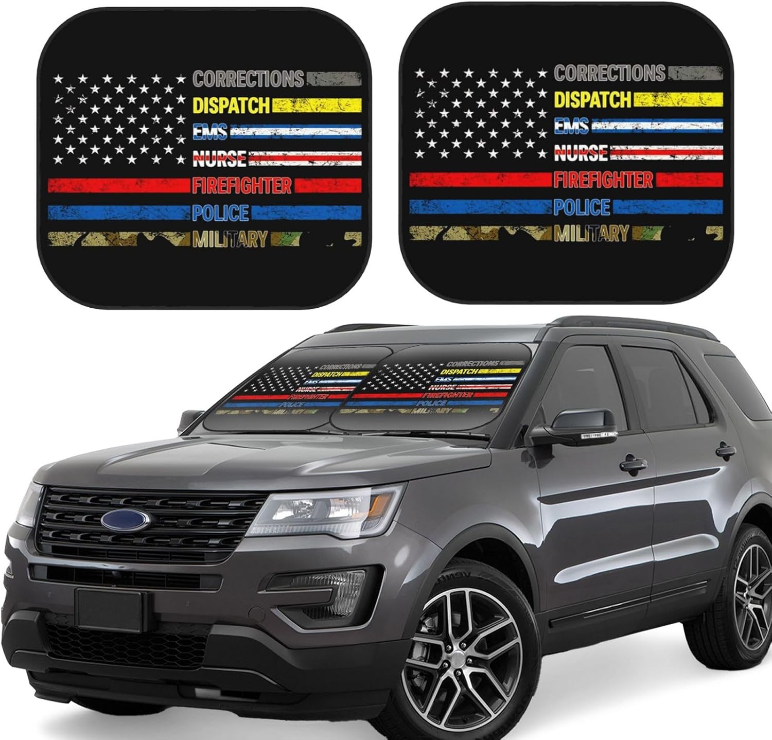 American Thin Blue Line Flag for Supporting Our First Responders Car Windshield Sun Shade Foldable 2-Piece Car Sunshades Reflect Uv Sun and Heat
