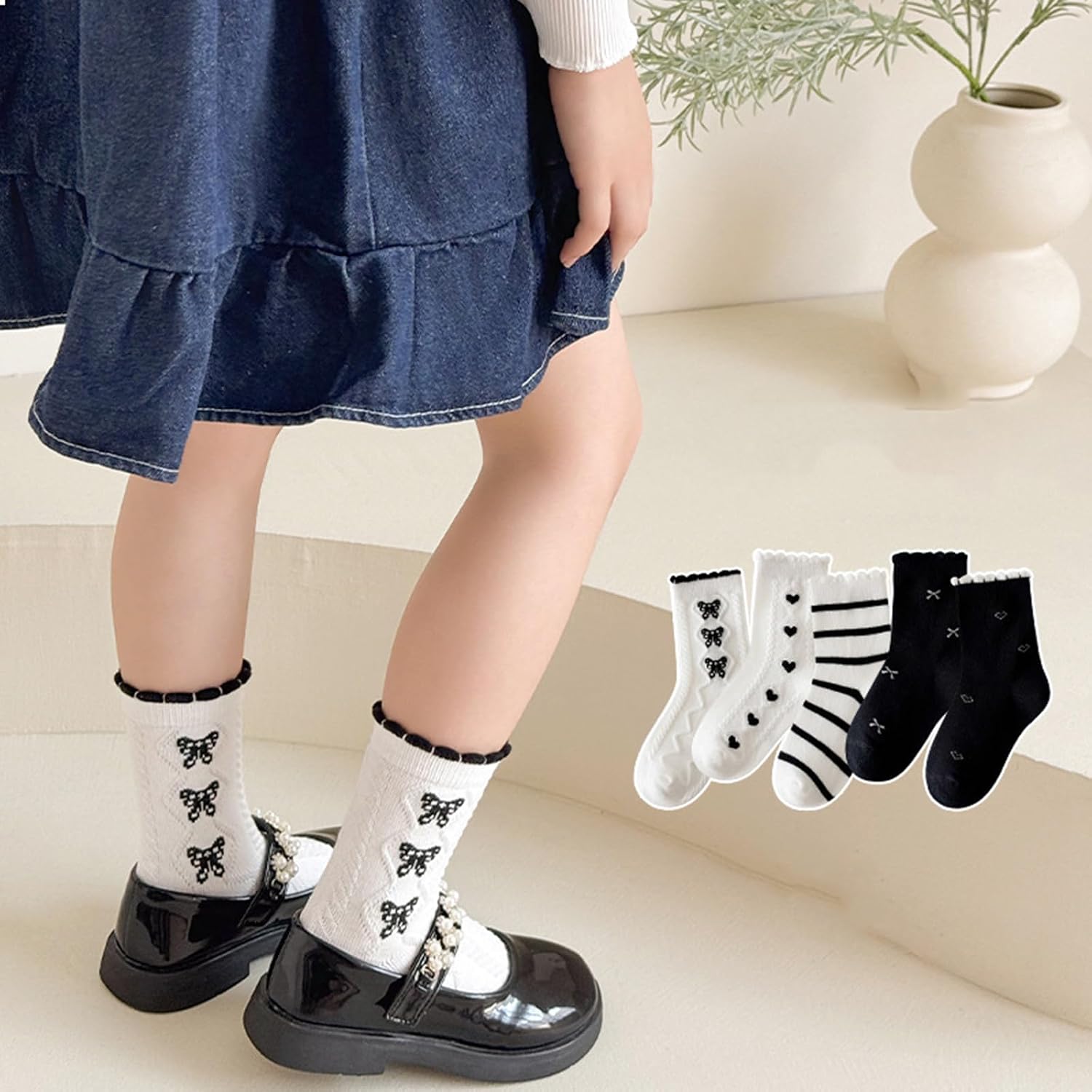Sock,Pack of 5 Pair Girls Lace Socks Fashionable Middle Tube Socks Cotton Short Socks for Ages 1 to 12 Years Kids