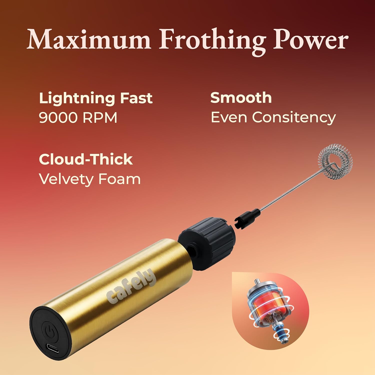 Premium Gold Milk Frother Handheld - USB Rechargeable Foam Maker with Dual Stainless Steel Whisks - Powerful Drink Mixer for Lattes & Matcha