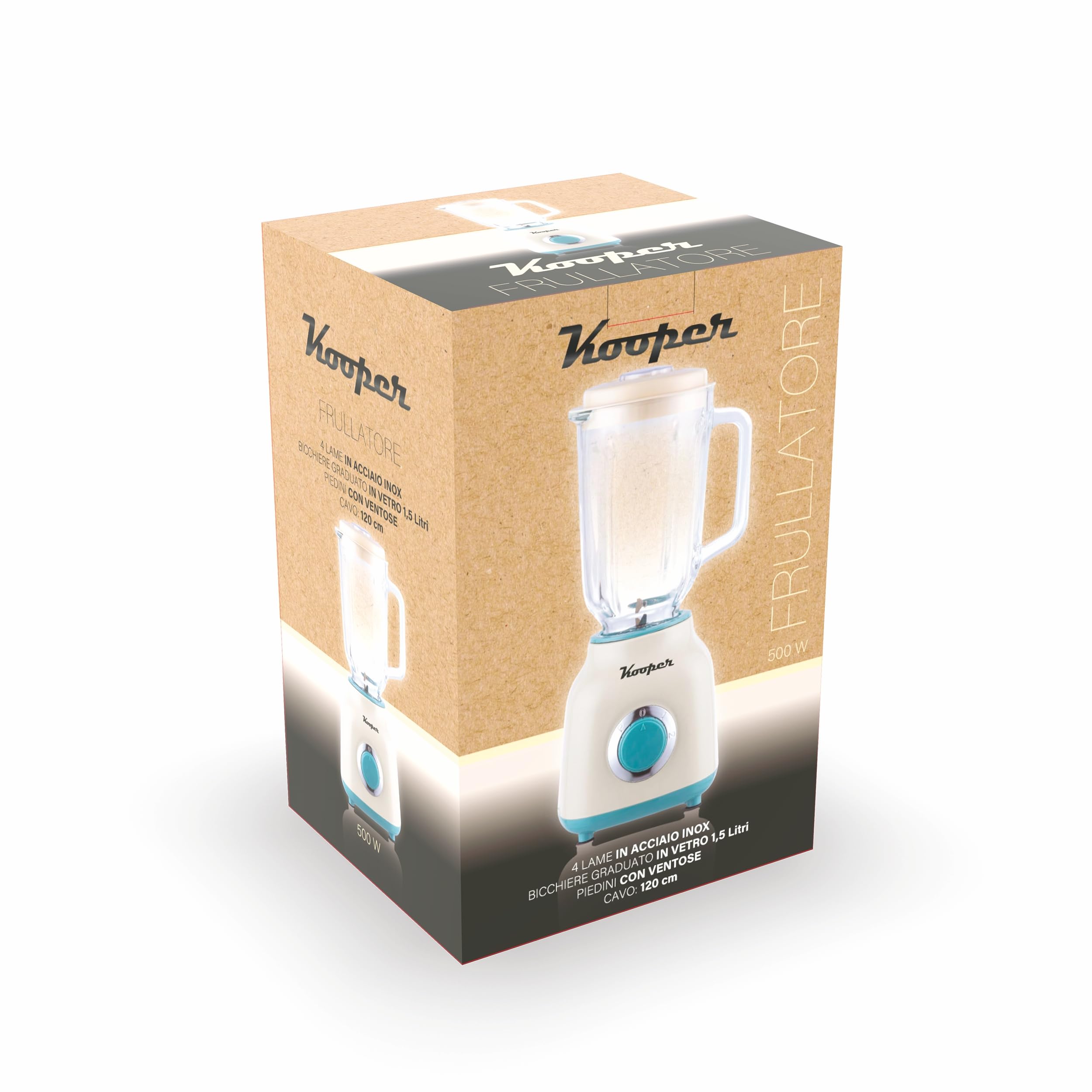 Frullatore elettrico avorio e azzurro, brocca graduata in vetro 1,5 L, lame in acciaio inox, 2 velocità 500 W, Kooper