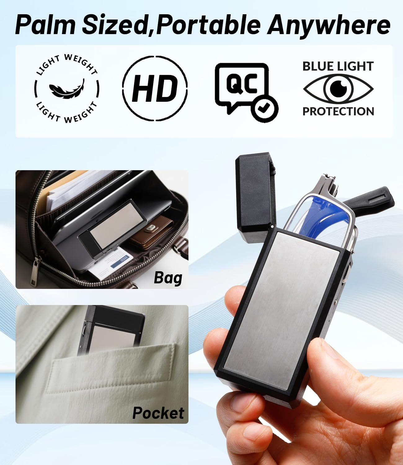 Hubeye Gafas de lectura plegables de metal para hombres y mujeres con bisagras de resorte Anteojos de lectura anti luz azul con estuche de metal portátil