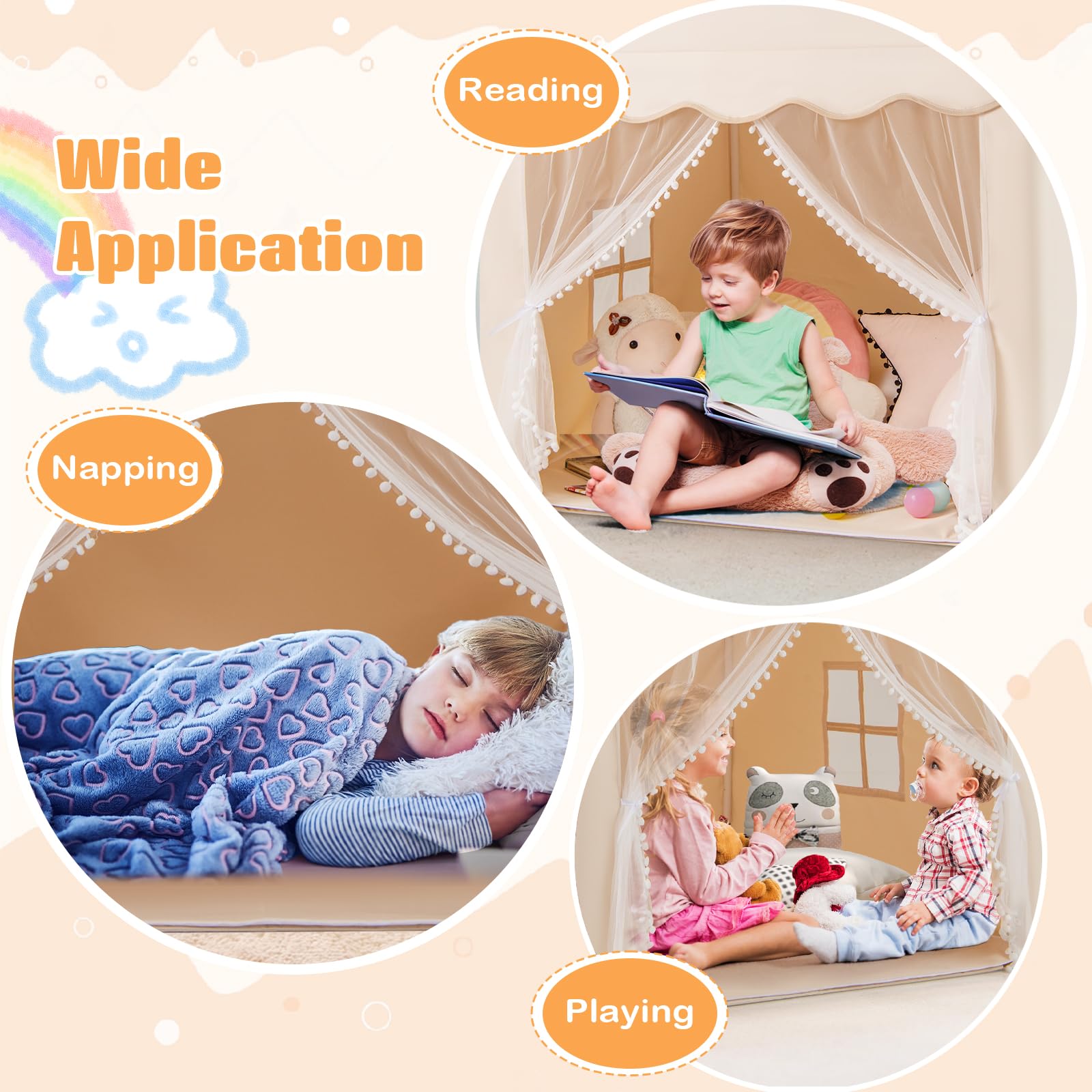 FANTASK Kinderzelt mit Fenstern & Matte, Spielzelt Kinder mit Sternenlichter & doppeltem Vorhang, Kinder Spielhaus für Jungen und Märchen