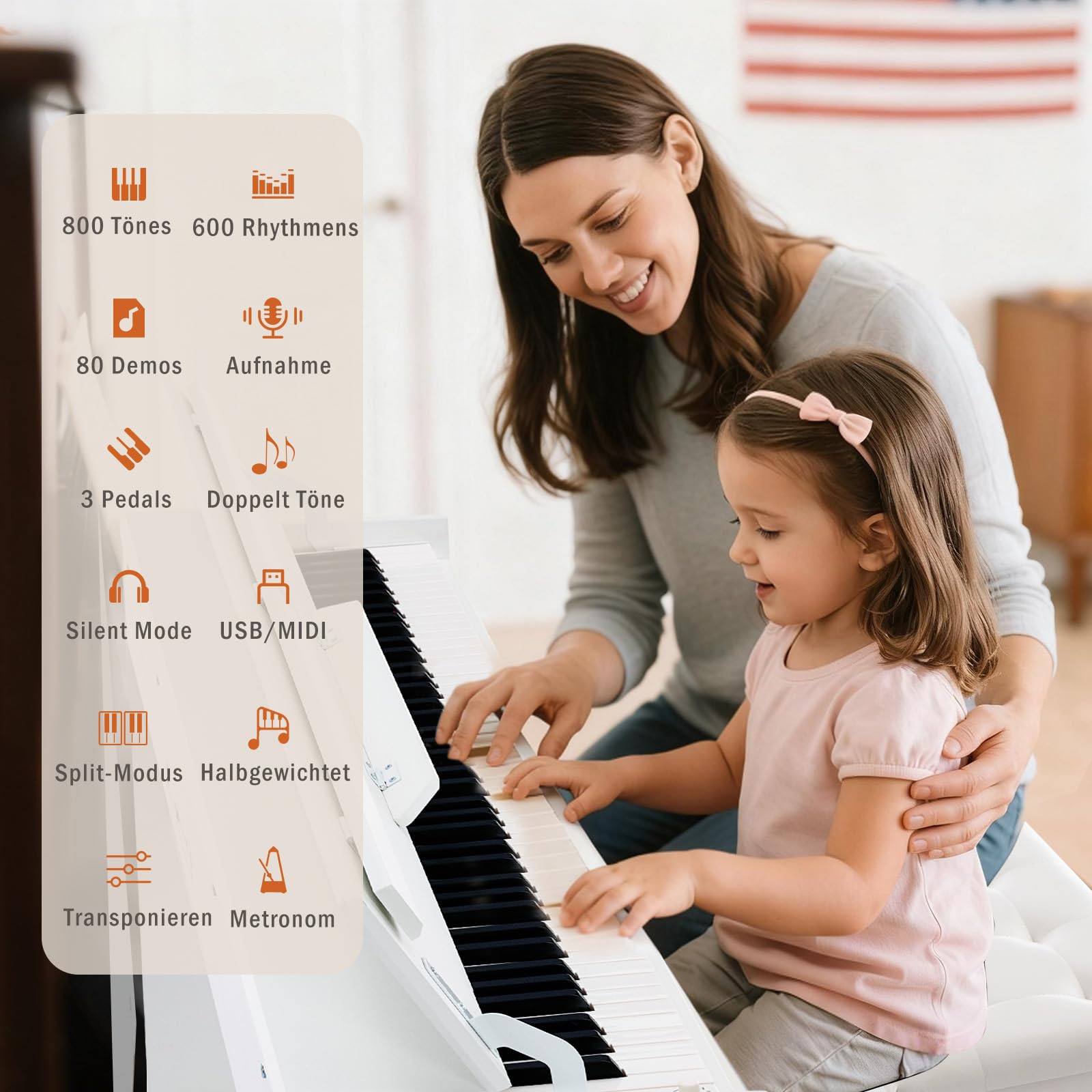 Piano digital MUSTAR de 88 teclas, teclado con tacto semi-ponderado con USB/MIDI y Bluetooth, cubierta semi-abierta, piano electrónico con unidad de 3 pedales, altavoces estéreo, 800 tonos y 64