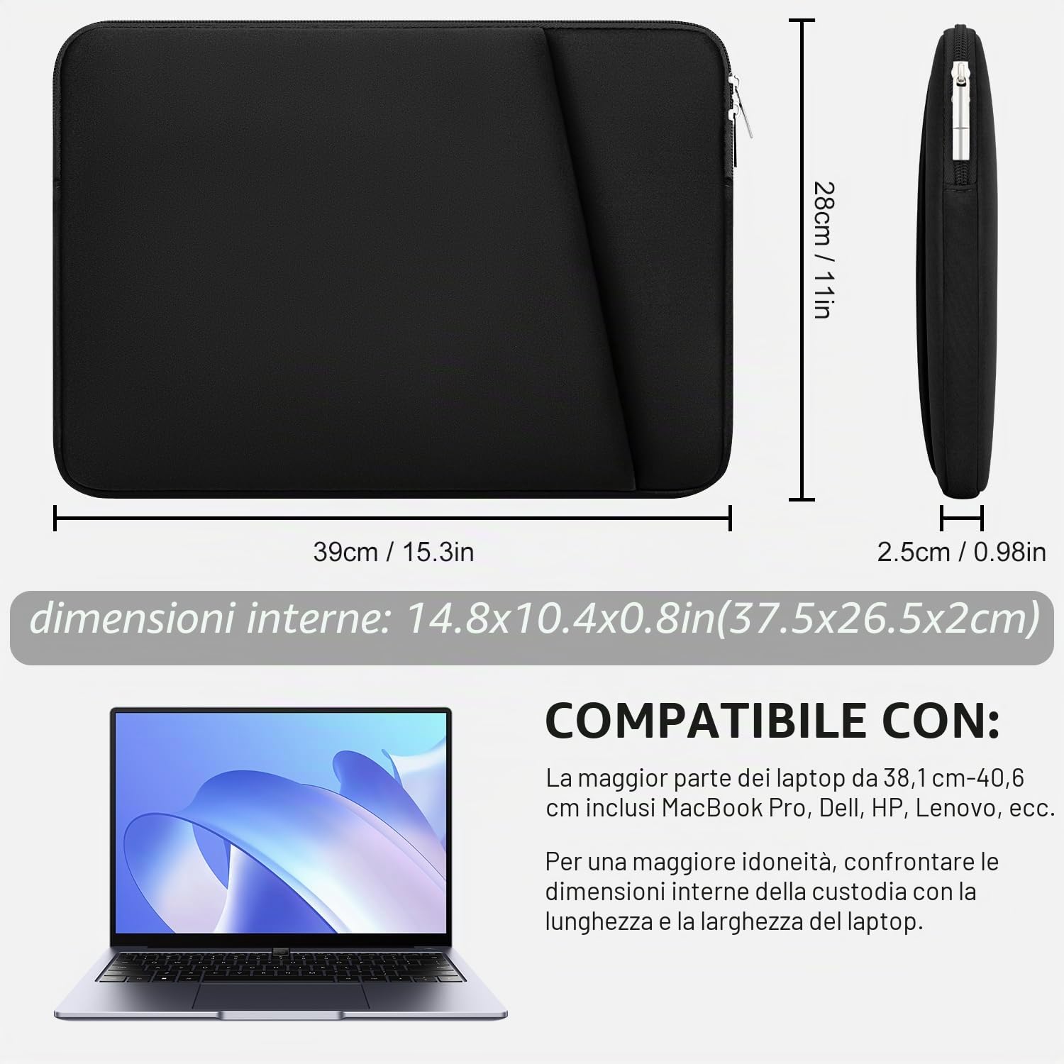 Custodia per Laptop 15-16 Pollici Imbottita Protettiva Antiurto con Tasca per Accessori Compatibile MacBook Air/Pro