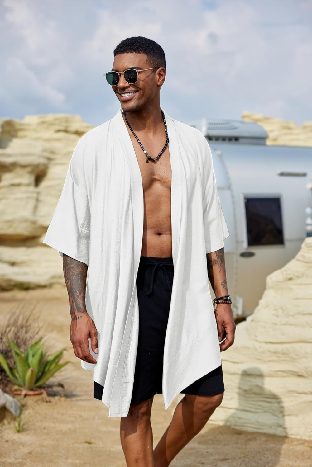 COOFANDY Men's Ruffle Shawl Collar Lightweight Cardigan Long Kimono Jackets Open Front Drape Cape Coat - Image 3