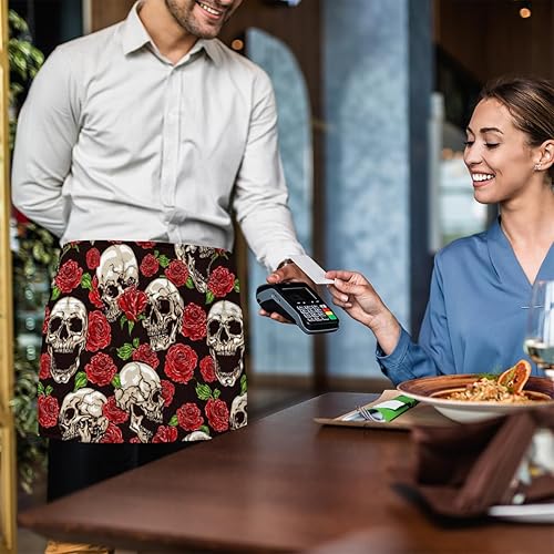 Miniatura 6 de Delantal corto de 3 bolsillos para la cintura, paquete de 3, diseño retro de calavera roja con rosas rojas para hombres y mujeres, cocina,