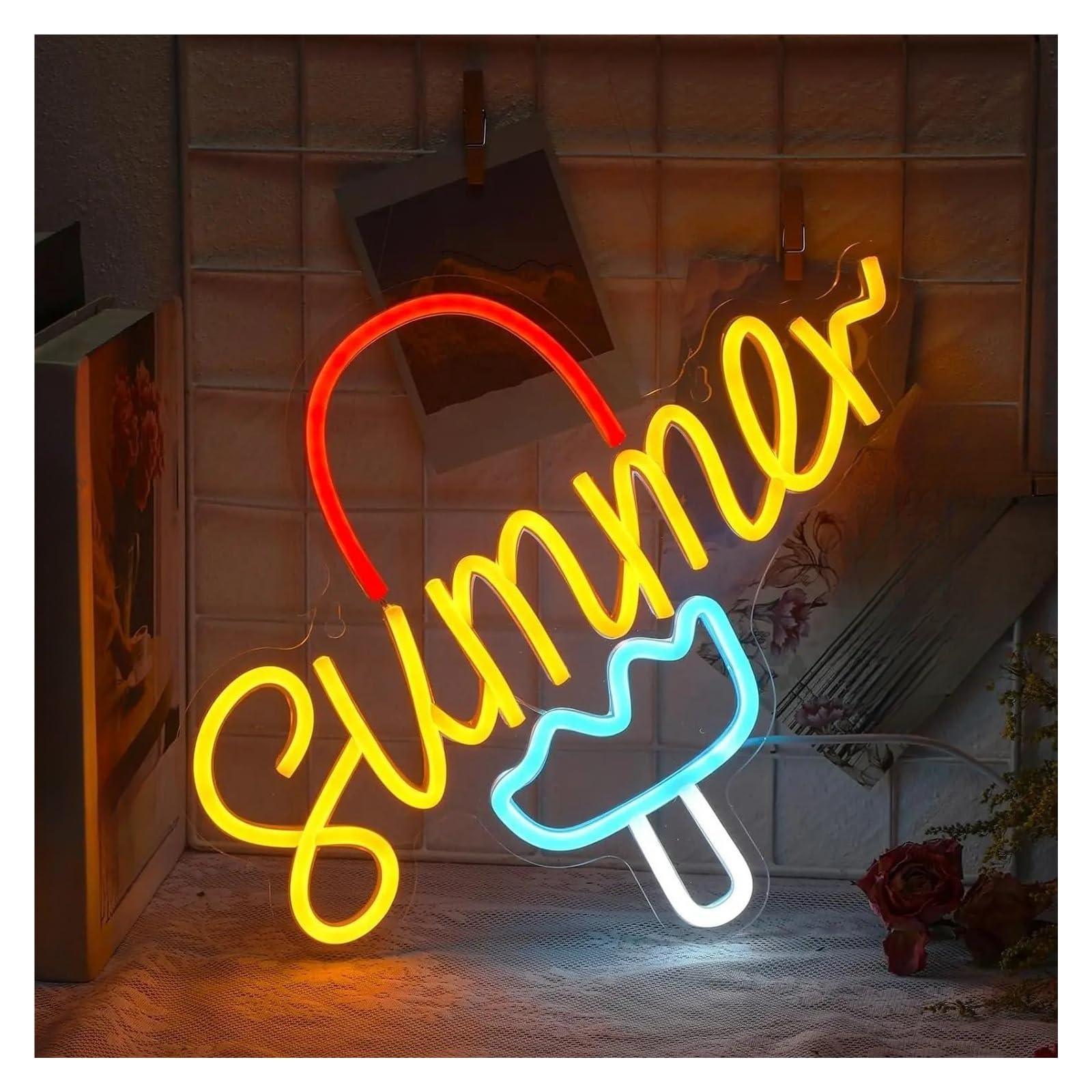 Luces de neón Letrero De Neón De Helado SUMMER Luz Regulable Alimentada Por USB Para Sala De Estar Oficina Bar Restaurante, Fiesta, Decoración De Pared 29cmx36cm
