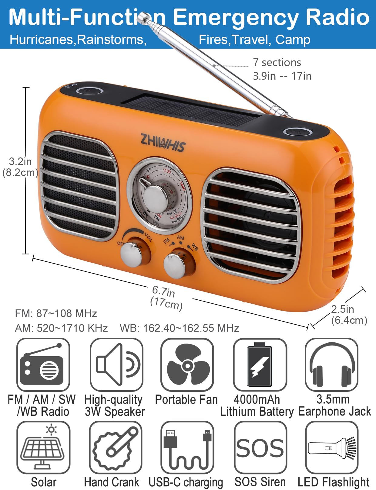 ZHIWHIS ZWS-380 - Radio di emergenza con ventilatore portatile, radio meteorologiche AM/FM/WB con sirena SOS, manovella, pannello solare, 4000 mAh, power bank, manopola rotante, ricevitore retrò