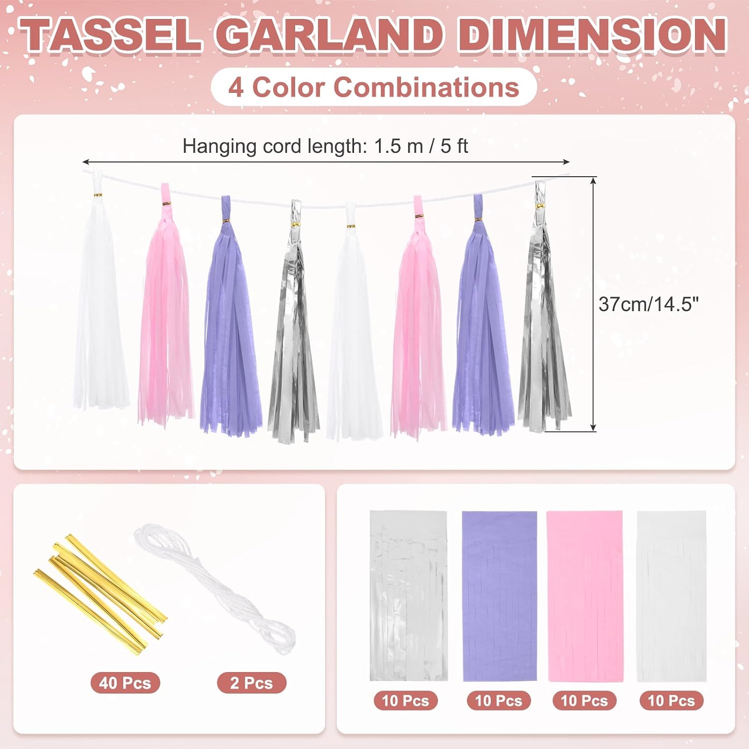 MECCANIXITY 40Pcs Tassel Garland Tissue Paper Tassels Banner Foil Fringe Streamers for Party Decorations Wedding Birthday DIY Kit, White Light Purple Pink Silver