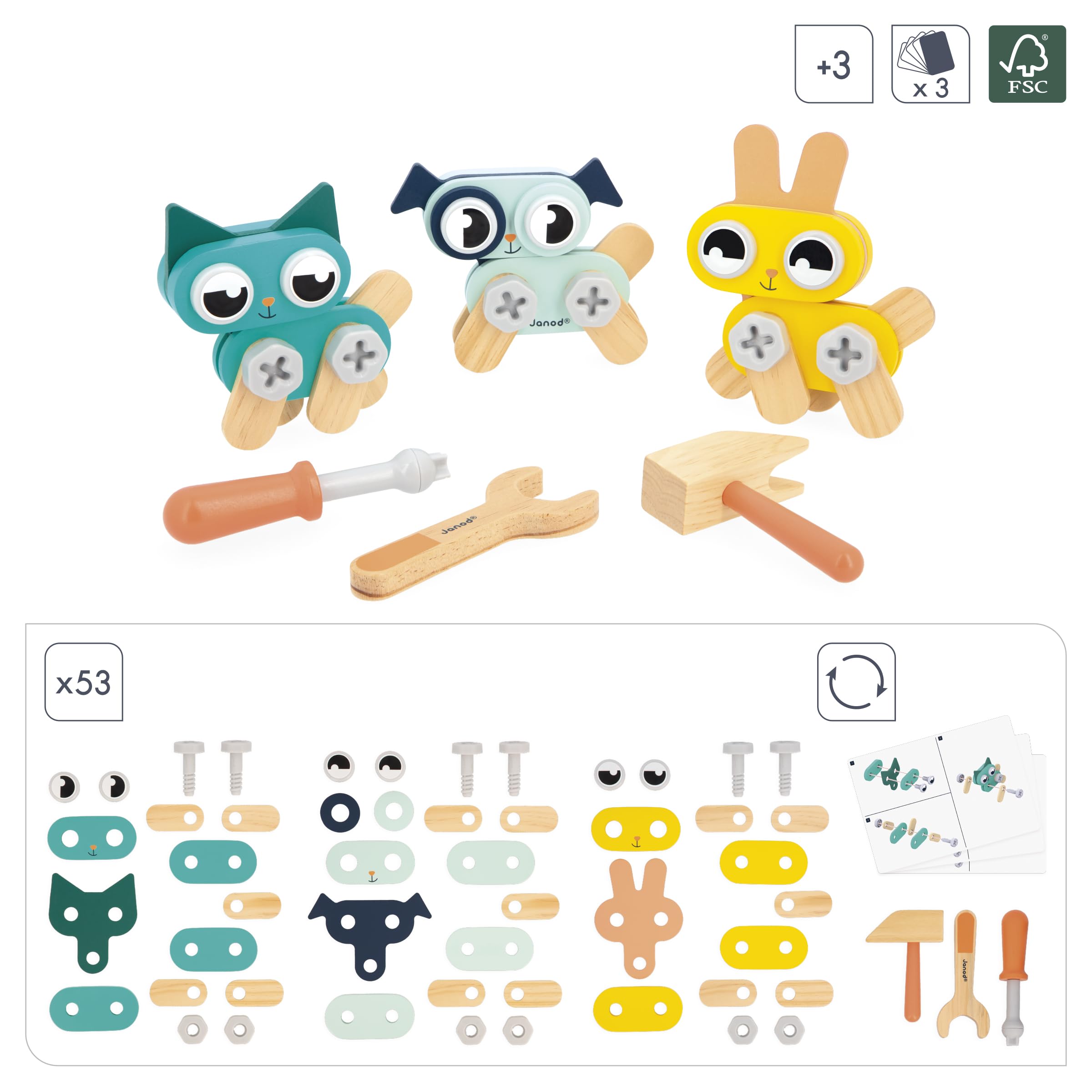 Janod - Mon Premier Jeu de Construction - 3 Petits Animaux - Chat, Chien, Lapin - 53 Accessoires - Développe Dextérité & Créativité - 3 Ans + - J06450
