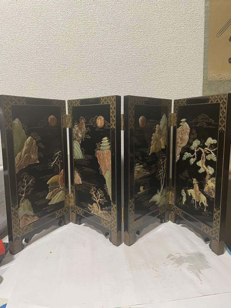 美品屏風　玉石細工　屏風 4パネル 玉石象嵌 Amazon.co.jp: 屏風玉石細工漆塗りの屏風4パネル玉石象嵌: Toys