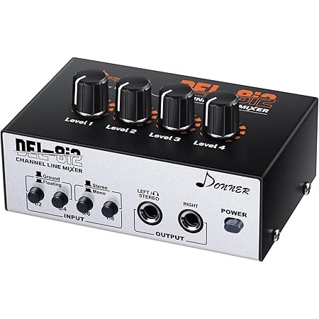 Line Mixer 4 Channel, Donner Low-Noise Mini Audio Mixer DC 12V with AC adapter & Stereo/Mono Adjustment, As Microphones, Guitars, Keyboards or Stage Sub Mixer, Ideal for Small Clubs or Bars