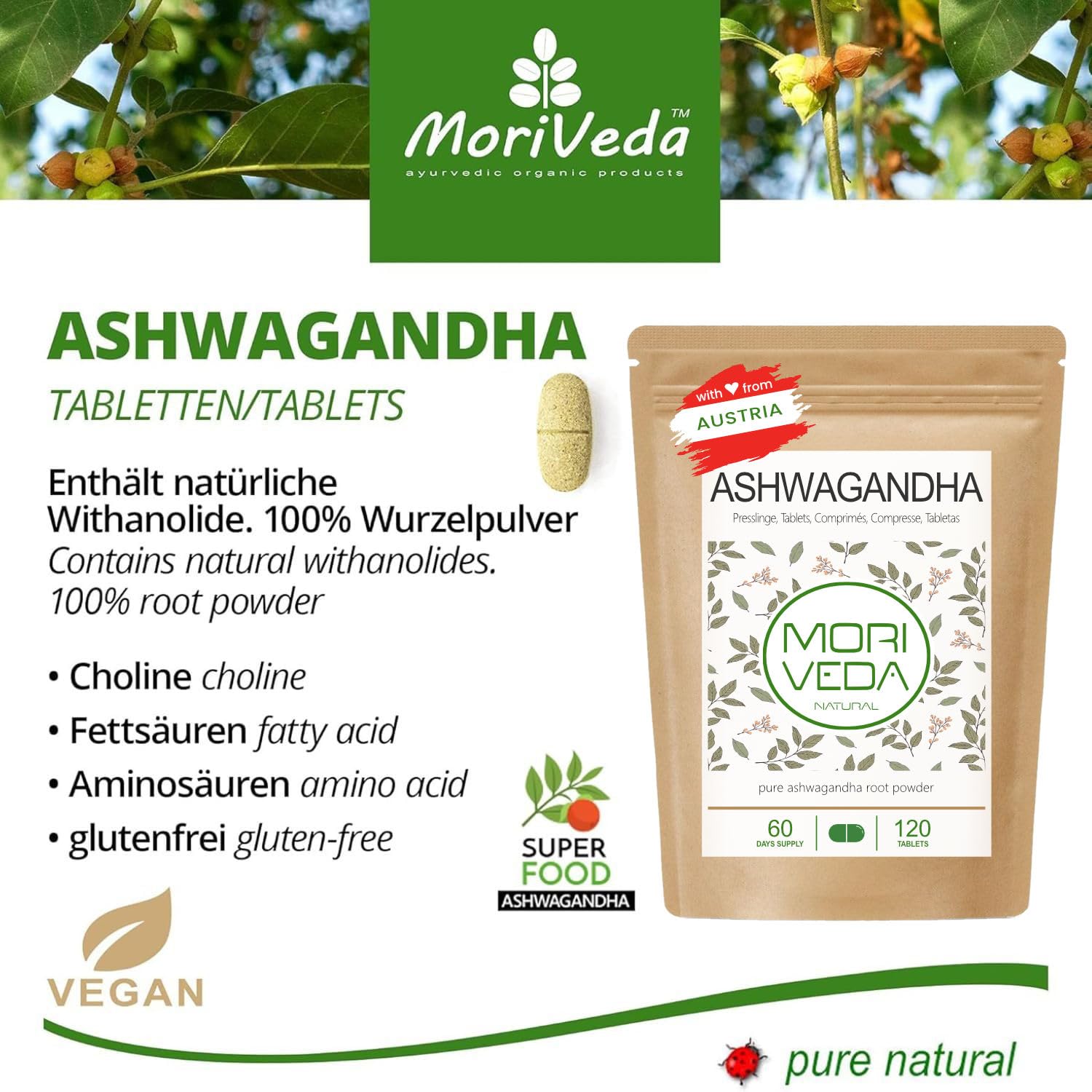 Ashwagandha comprimés2000mg -100% poudre de racine-180 jours d'approvisionnement-produit naturel haute qualité-végétalien et sans gluten- l'équilibre et la paix intérieure-par MoriVeda-360 comprimés