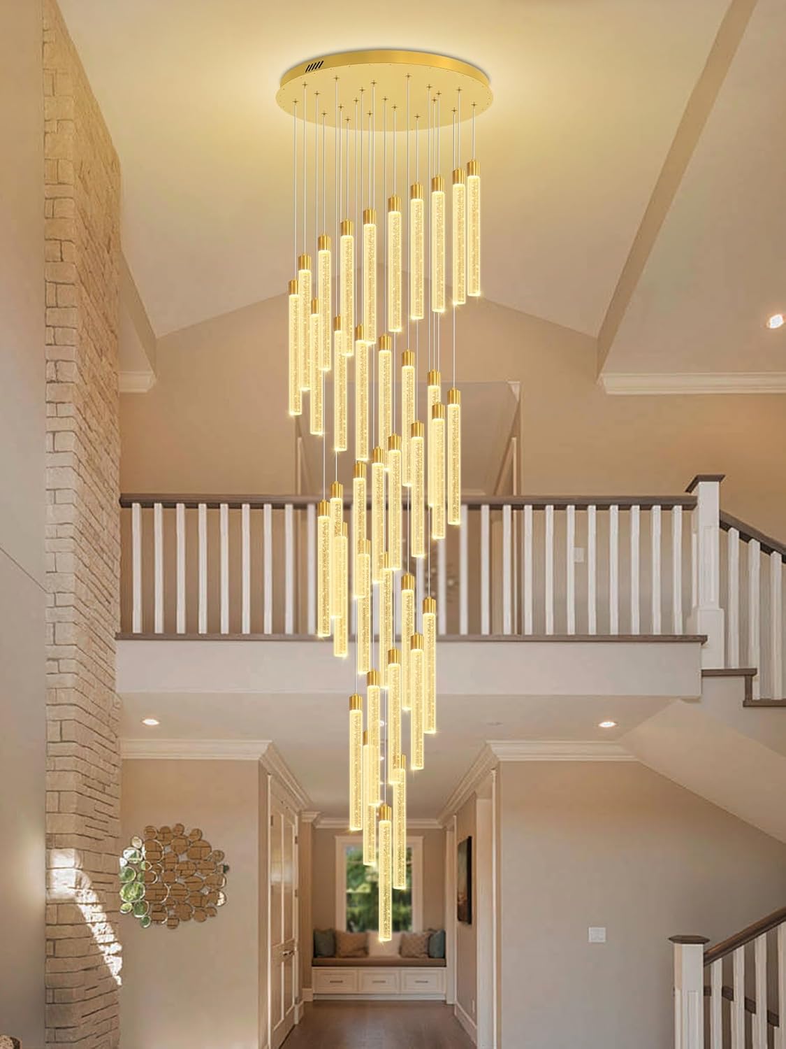 200'' Long Crystal Column Chandelier Gold 36-Light Extra Large Staircase Chandelier High Ceiling Dimmable LED Ceiling Lighting Foyer Entryway Light Source is Replaceable