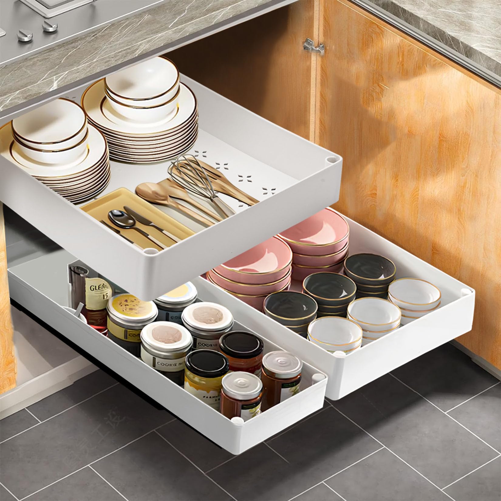 Pull Out Cabinet Organizer,Adhesive with Nano Film,Slide Out Drawers Adhesive Heavy Duty Storage Drawer Shelf with 3PCS Divider Racks for Kitchen Pantry Bathroom Home,10.6"-15.7" Deep