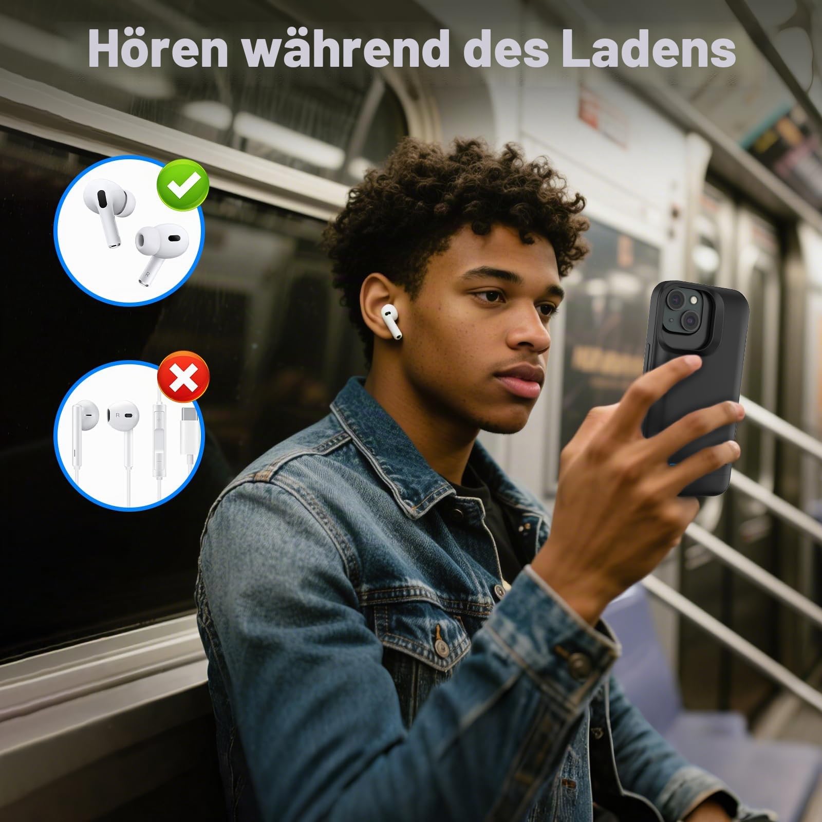 Akku-Hülle für iPhone 15, Echtes 8500 mAh, Schmal, Wiederaufladbar, Erweitertes Ladegerät, Ladehülle Mit Ständer, Tragbare Schützende Powerbank für iPhone 15, 6,1 Zoll – Schwarz