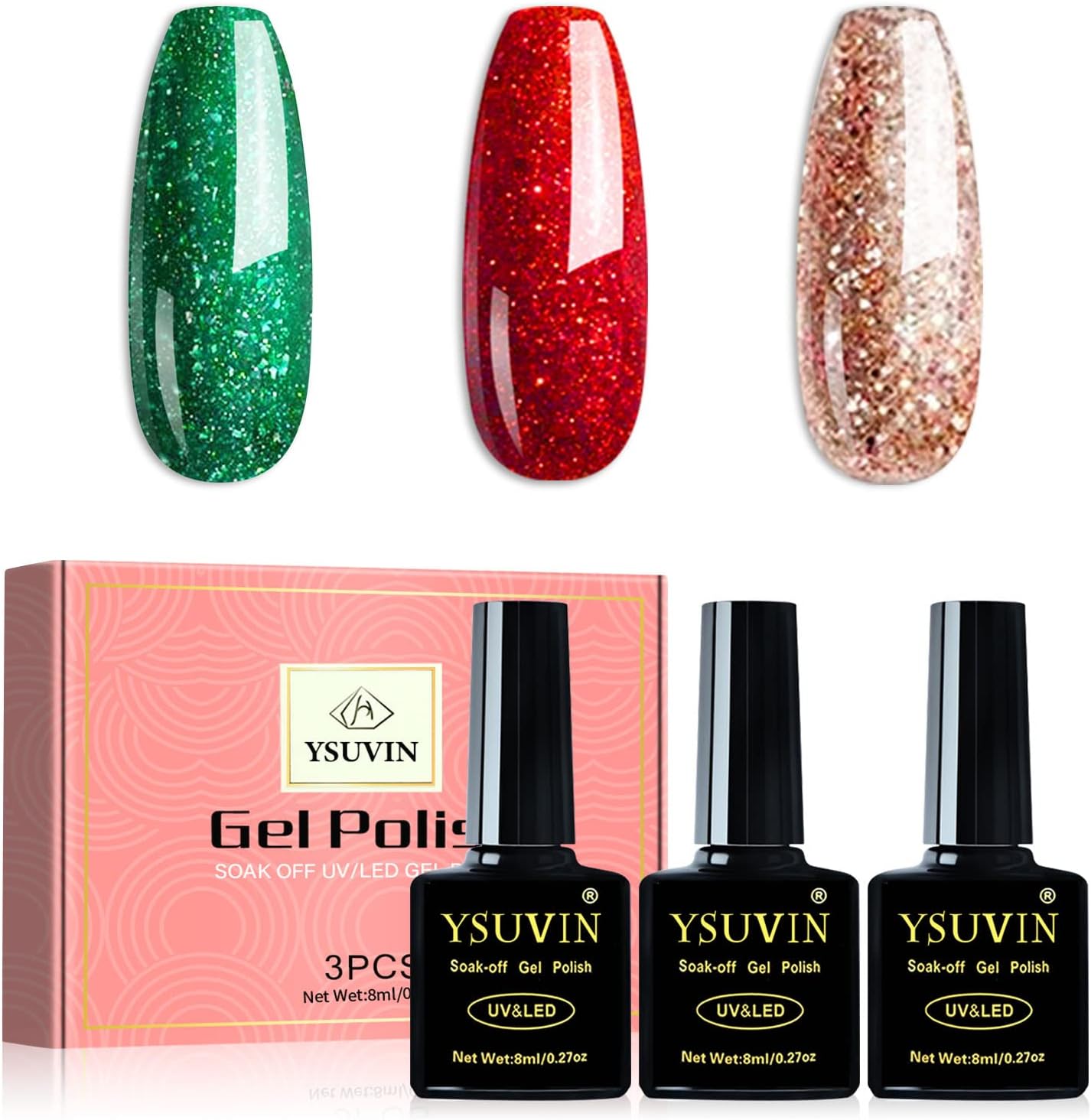 Yueshop Christmas Collection Gel Nail Polish Set 3x8ml Green Red Gold Glitter UV/LED Soak-Off Nail Art Manicure, Professional - Image 4