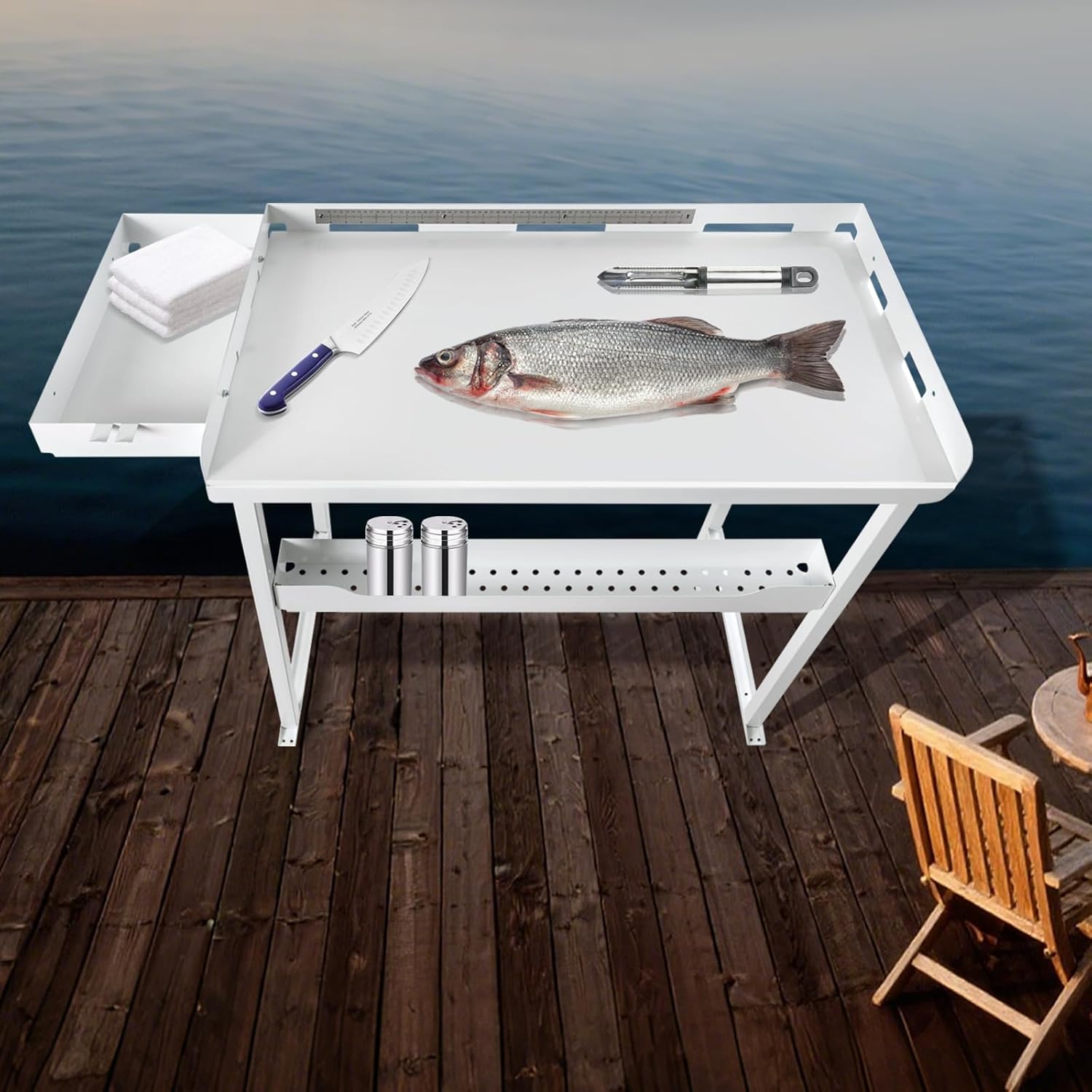 Professional Heavy-Duty Dock-Mounted Fish Fillet Table, Corrosion-Resistant, Ergonomic Dock Cleaning Station with HDPE Cutting Board & Tool Storage