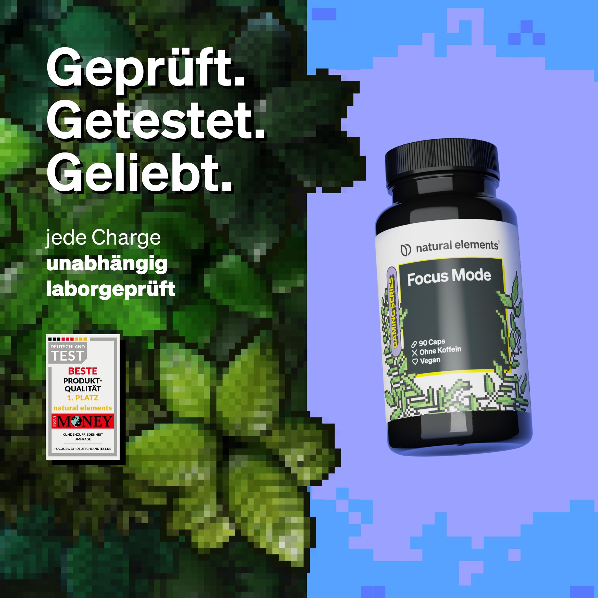 natural elements Focus Mode Konzentrations Kapseln – 90 Stück – koffeinfrei, mit Brahmi, Ginseng & Gingko – vegan, ohne unnötige Zusätze – in Deutschland produziert & laborgeprüft