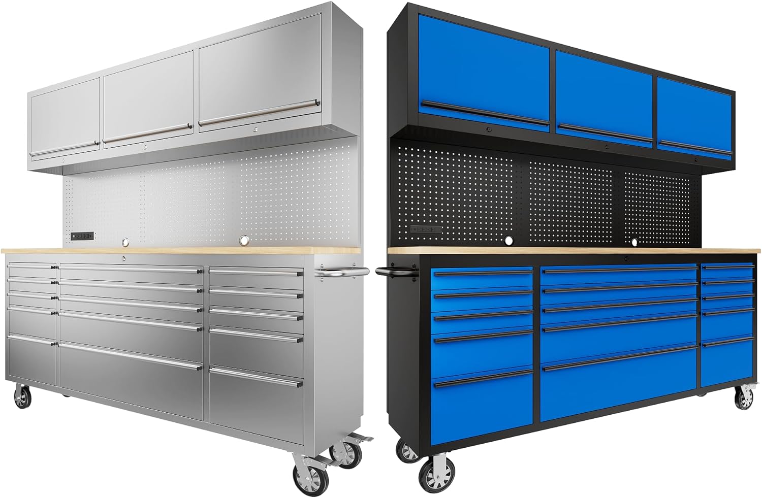 CHETTO C 72" Tool Cabinet Stainless Steel Chest with 3 Upper Cabinets and 15 Drawers + 72" Tool Box Blue Mobile Rolling Workbench Large Tool Box Socket Lockable Storage Wheels for Garage 2 Pack
