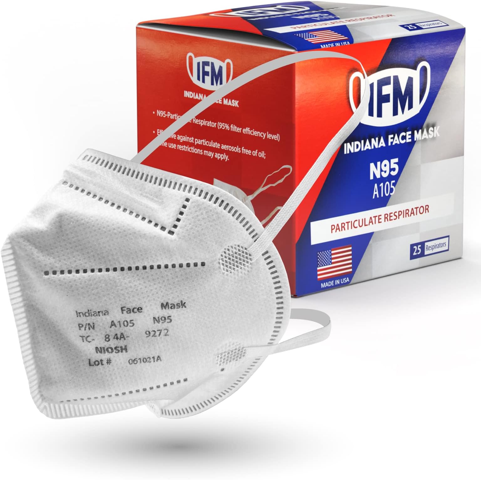N95 Respirator Masks | Box of 25 | NIOSH APPROVED N95 | Made in USA | Particulate Respirator >95% | Individually Wrapped | Universal Fit | Certified Particulate Respirators