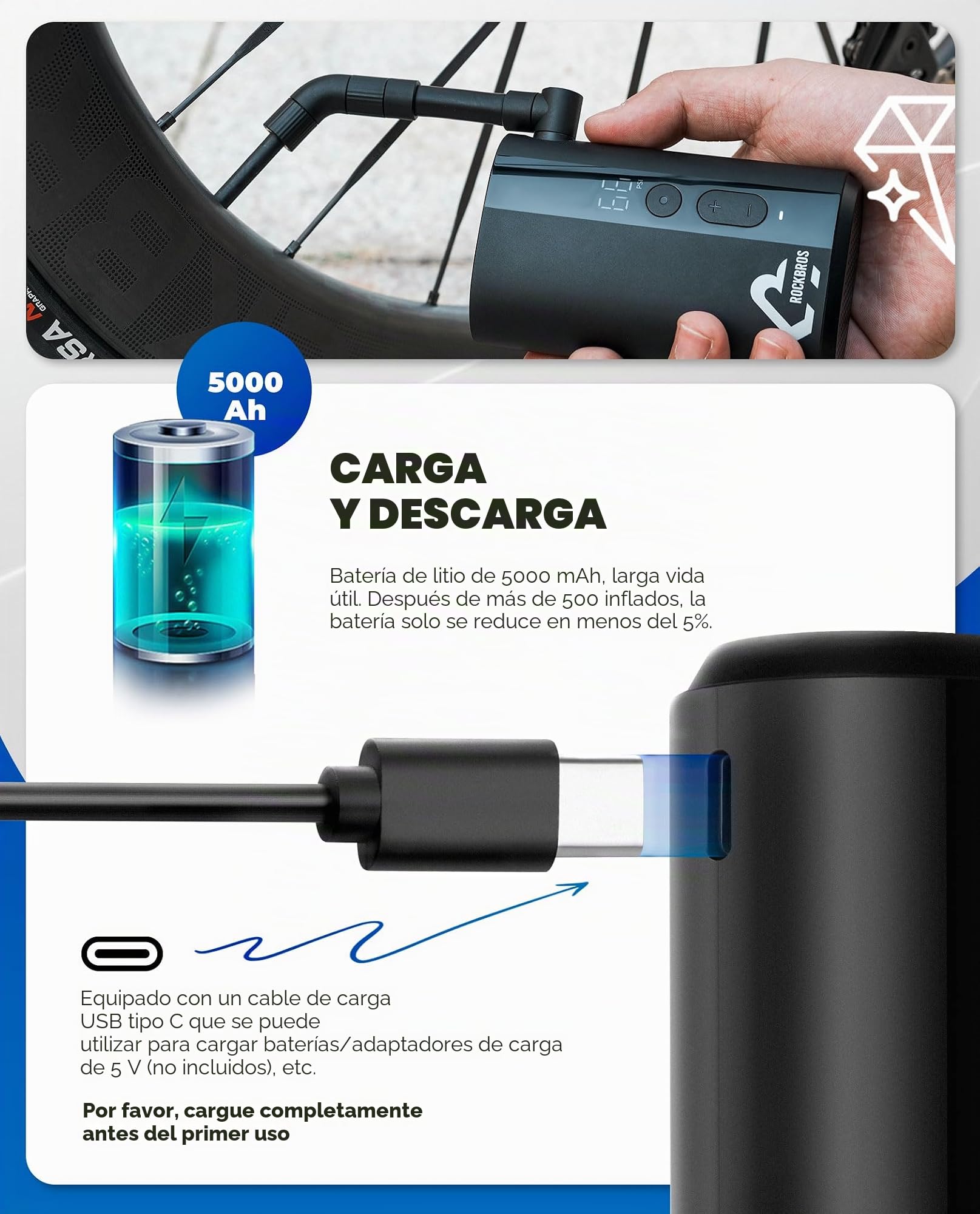 ROCKBROS Mini Bomba Eléctrica 150PSI Bomba de Aire Portátil con Pantalla 5000 mAh Inflador de Neumático Válvula Presta y Schrader para Bicicleta Pelotas