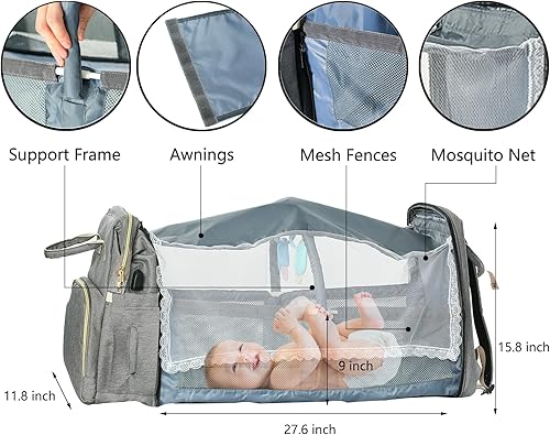 Miniatura 6 de Daerli Mochila para pañales con cambiador, Gris, Bolsa para pañales