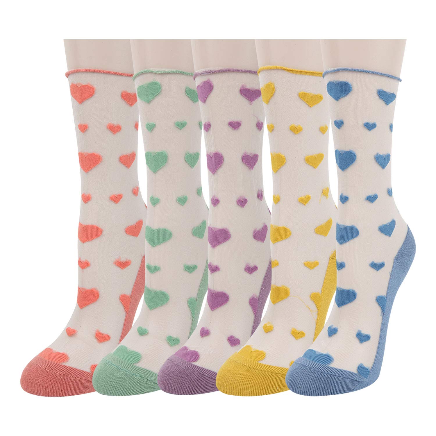 Benefeet Sox Womens Girls Sheer Mesh Decorated Tulle Socks Novelty Slouch Socks See Through Nylon Lace Loose Sock, 5 Pack-colorful Heart Shape, One size