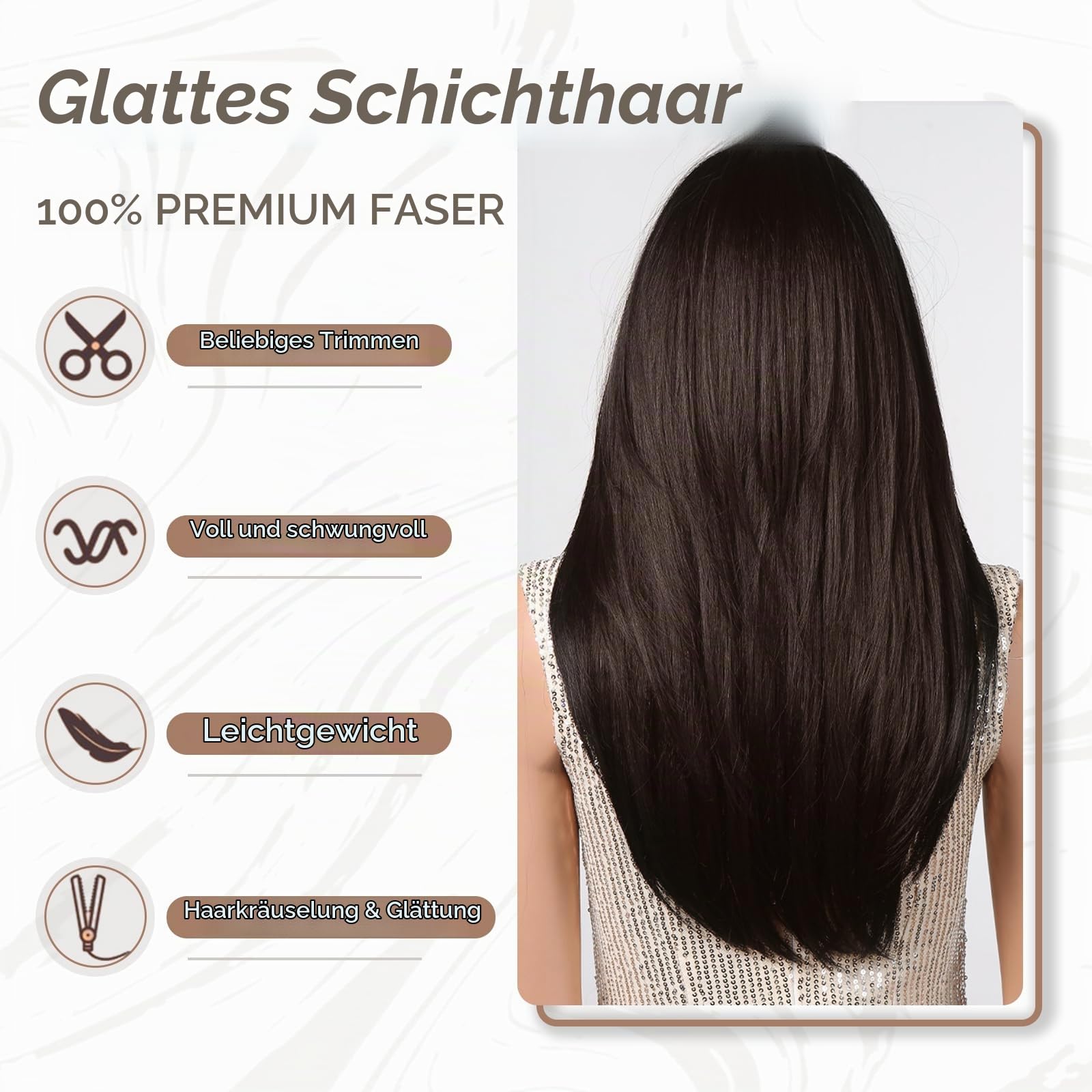 Allbell Lange Schichten dunkelbraune Perücken mit Vorhang Bangs Hitzebeständige natürliche Syntehtic Perücken für Frauen