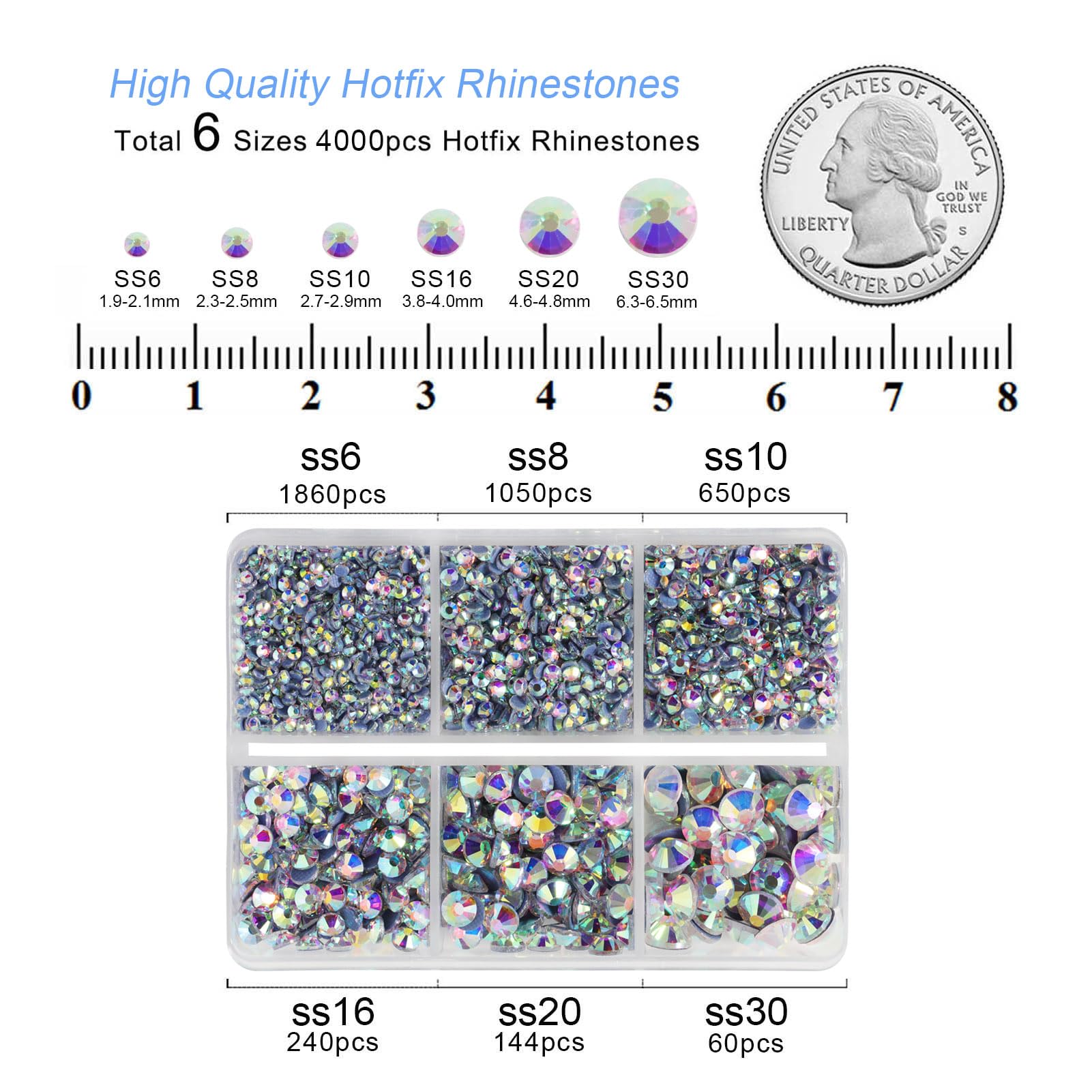 4000 Strass Termoadesivi Hotfix - 6 Misure Miste Con Matita Cera E Pinzette, Per Abbigliamento E Artigianato - Foto 8