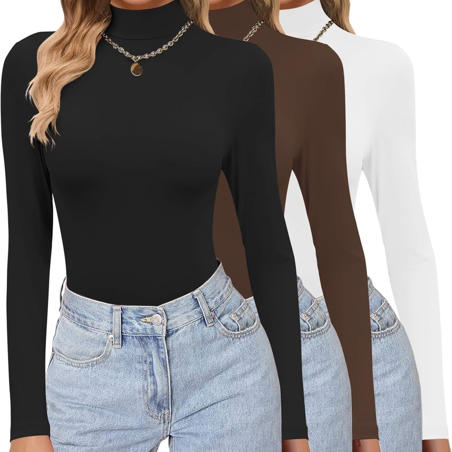 Ekouaer Women's 3 Pack Turtleneck Shirts Long Sleeve Mock Tops Lightweight Basic Layering Thermal