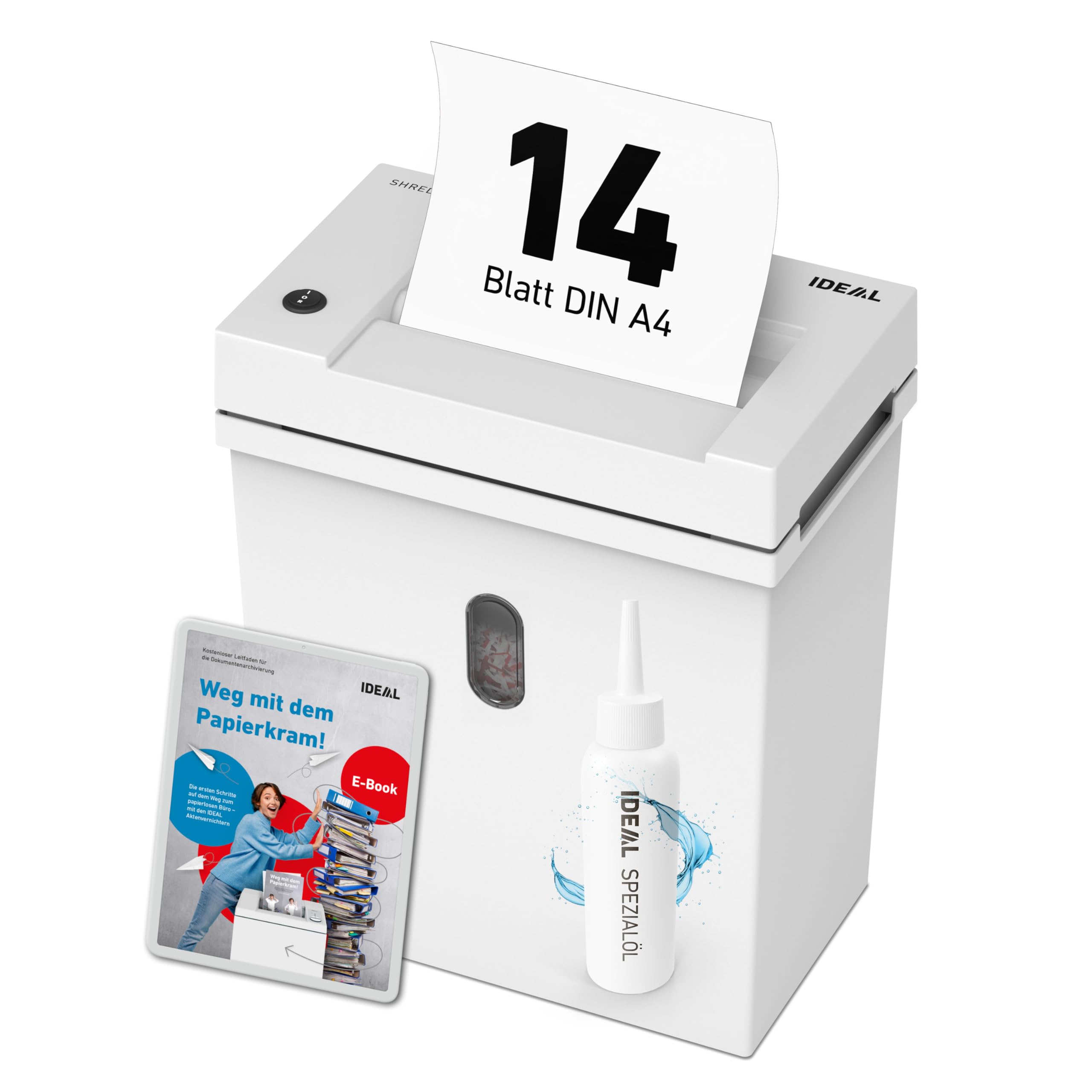 Aktenvernichter IDEAL Shredcat 8200 DataCare Edition inkl.Spezialöl & Datenschutz-E-Book,14 Blatt, Partikelschnitt 4x40mm, P-4 leise & zuverlässig, perfekt für sicheres schreddern im Büro/Homeoffice