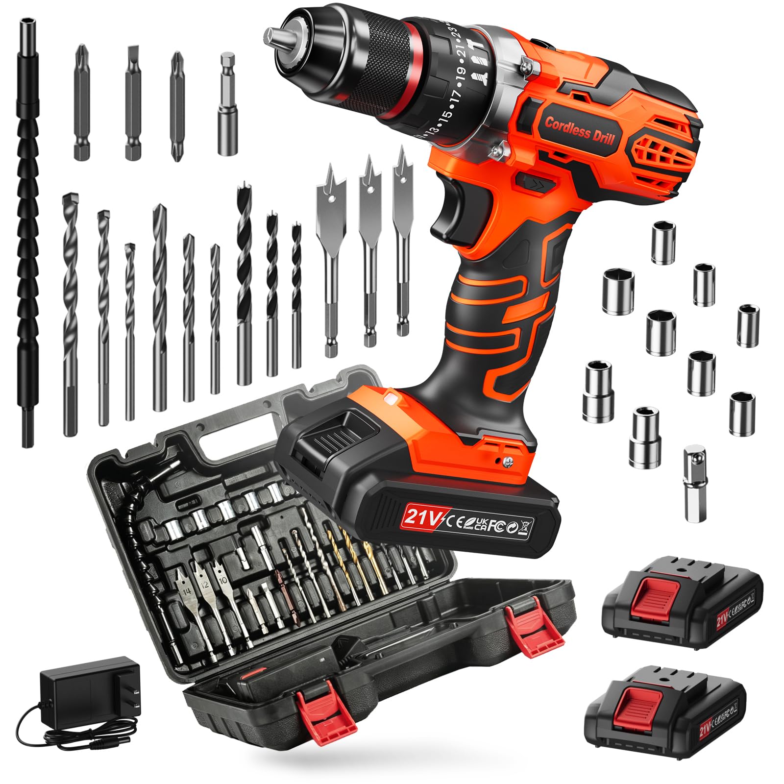 Taladro Percutor a Bateria 21V, Taladro Atornillador Batería 2 Baterías de 2,0Ah, Torque Máximo de 45Nm, 2 Velocidades, 25+3 Torque, 10mm Mandril de Metal, kit de Accesorios de 29 Piezas con Maletín