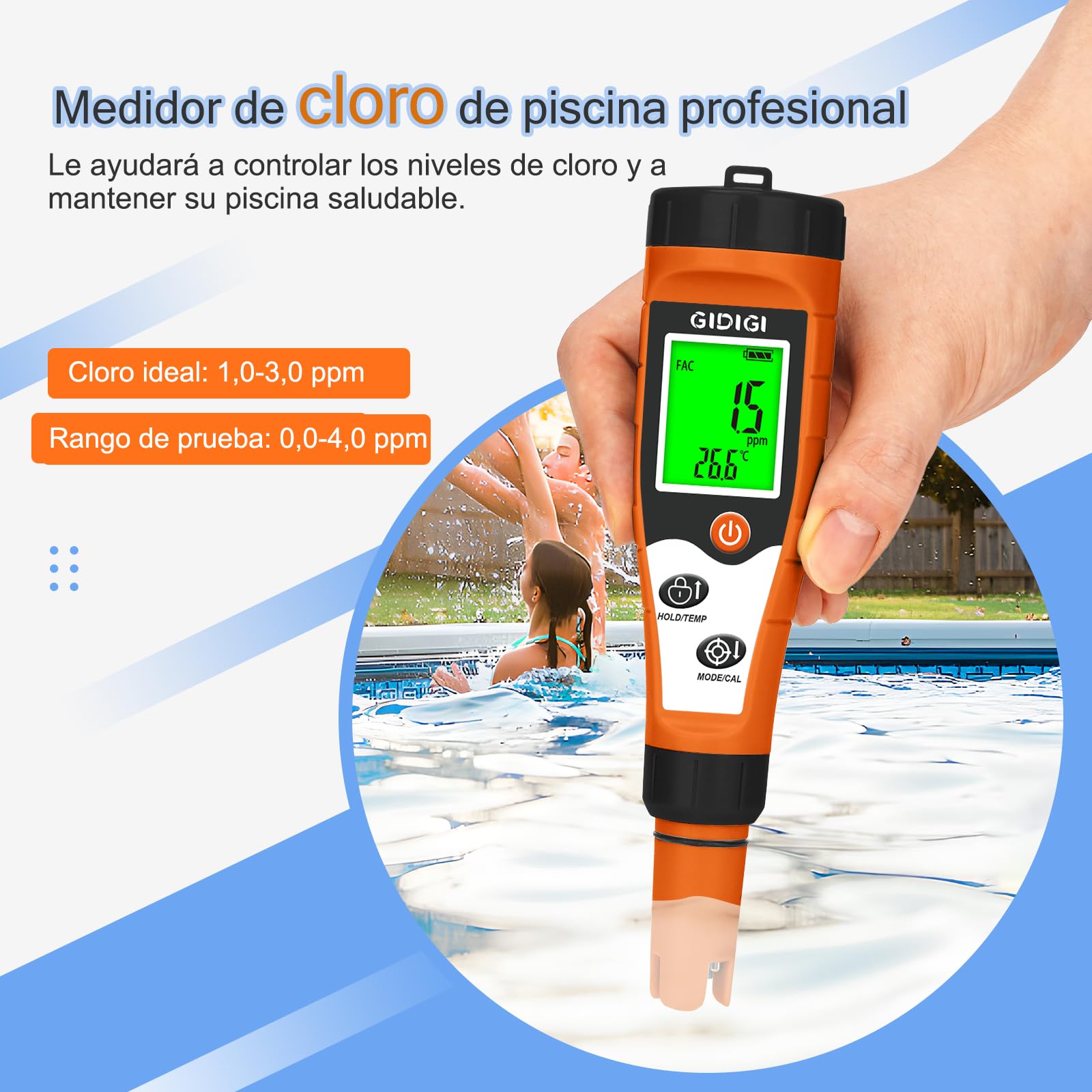 Medidor Cloro pH y Salinidad Piscinas, 7 en 1 pH FAC Sal ORP EC TDS y Temp, Medidor de Cloro para Piscinas, SPA, Acuarios, Hidroponía y Agua Potable, Medidor pH y Cloro Piscina Digital