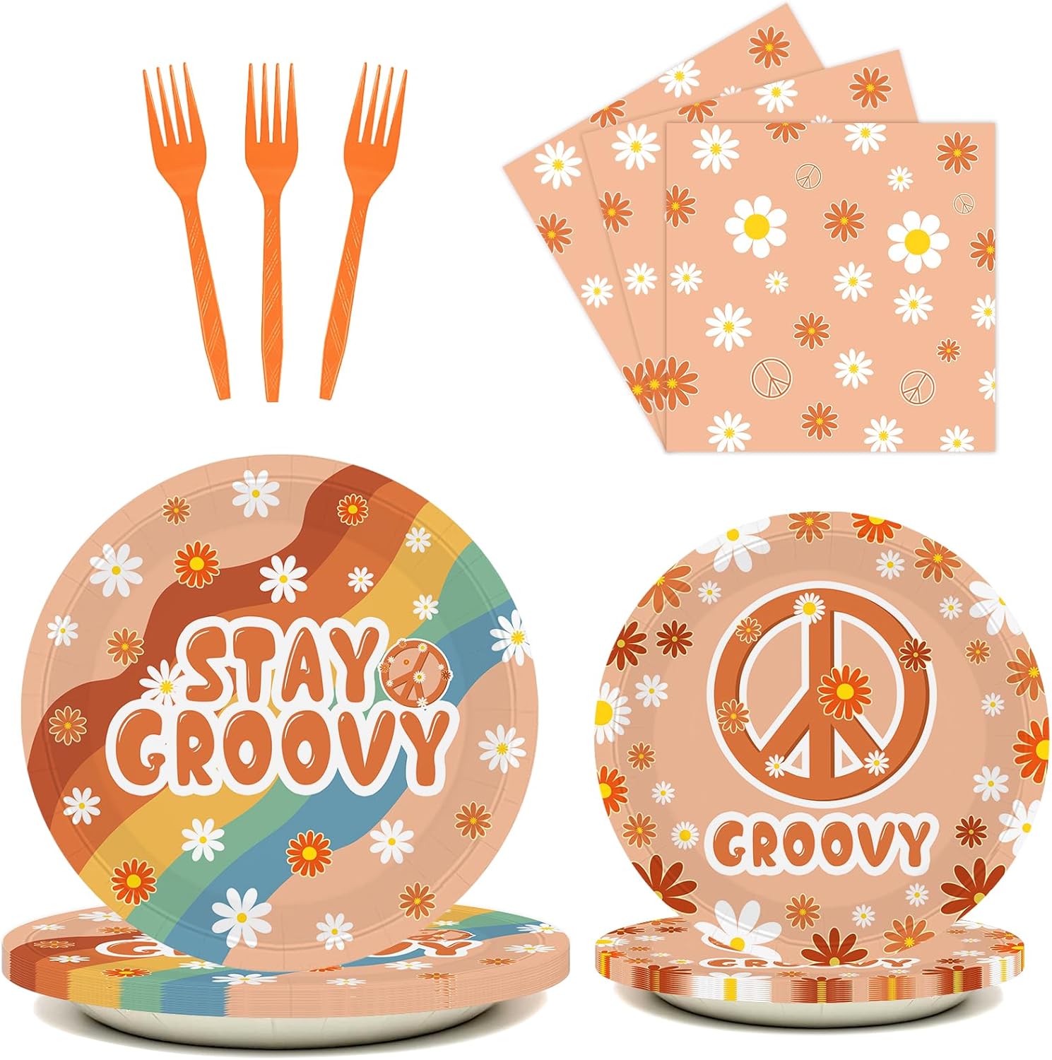 BQC 96Pcs Groovy Plates and Napkins Party Supplies Groovy