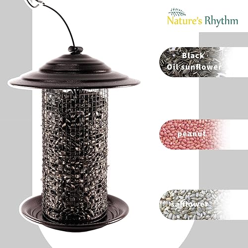 Miniatura 4 de Comedero para pájaros de malla metálica para exteriores, alimentador cilíndrico de malla metálica con tapa de cúpula de metal, capacidad para 2.5