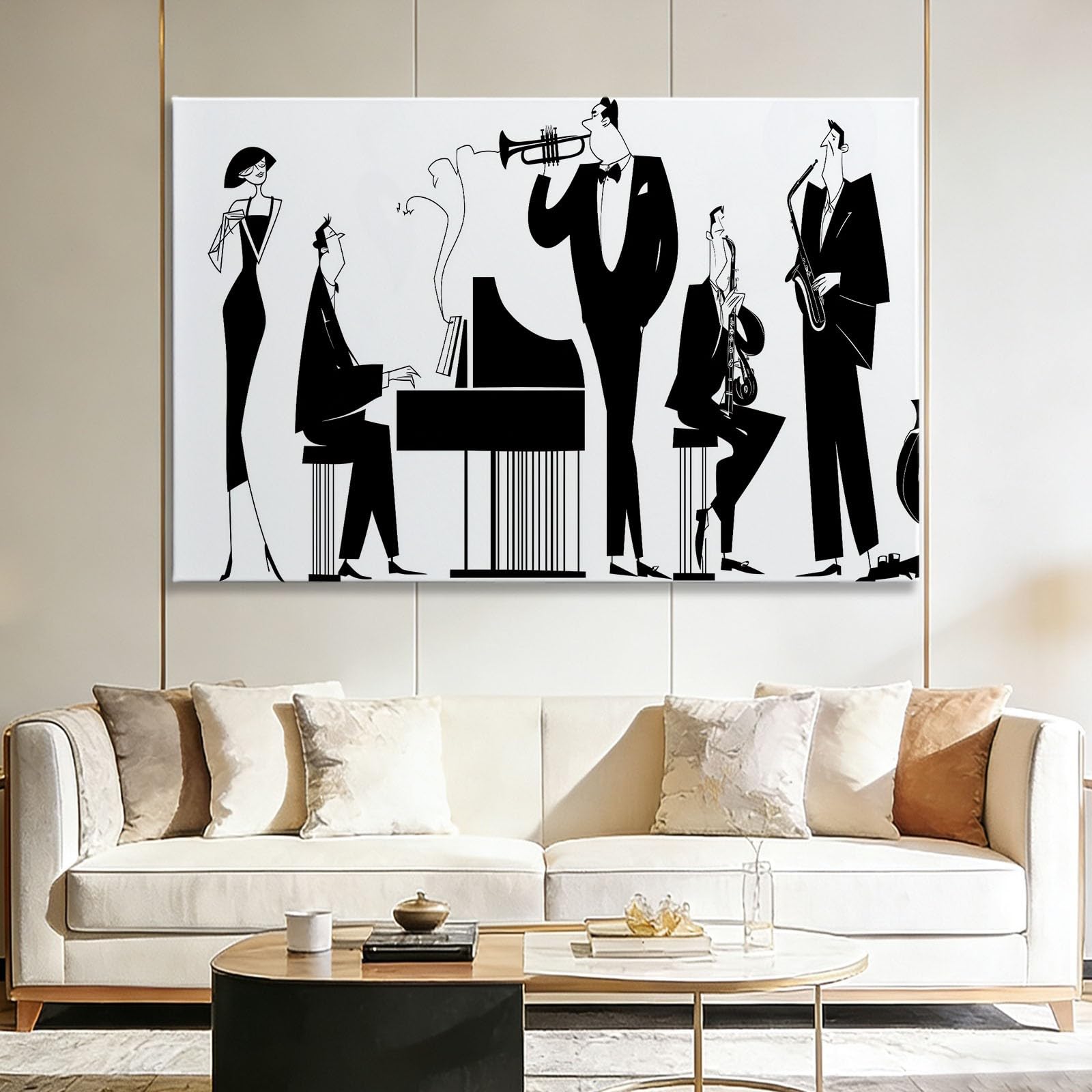Quadro XXL su Tela 140L x 70l cm Musica Band Jazz Sassofono Pianoforte, Grande Decorazione Murale Intelaiata Stile Vintage per Salotto e Soggiorno - Quadro su Tela Pronto da Appendere a Parete