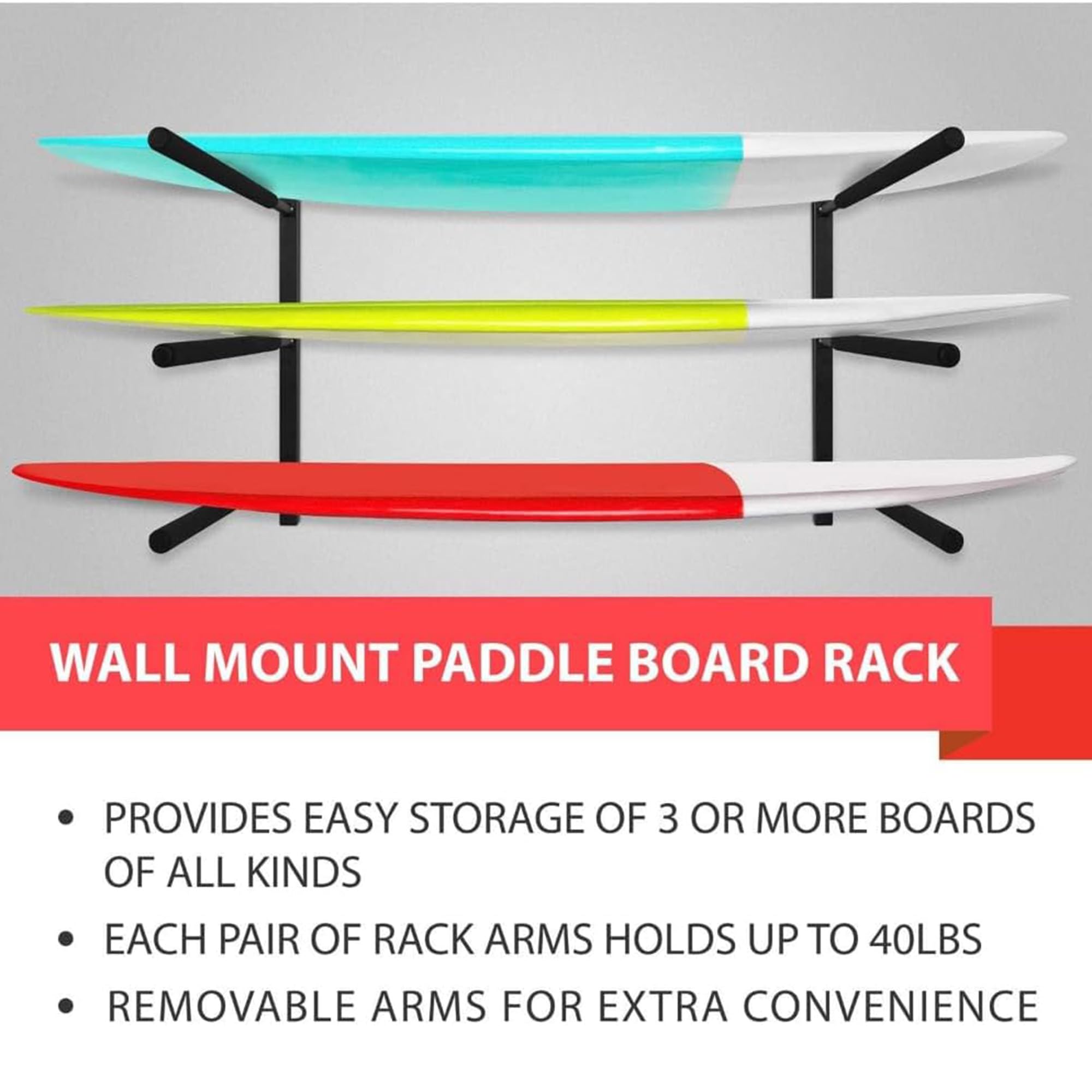 Yes4All Supporti da Parete per Tavole da Surf - Imbottitura in Schiuma per Conservare ed Esporre Fino a 3 Tavole, Snowboard, Longboard - Nero