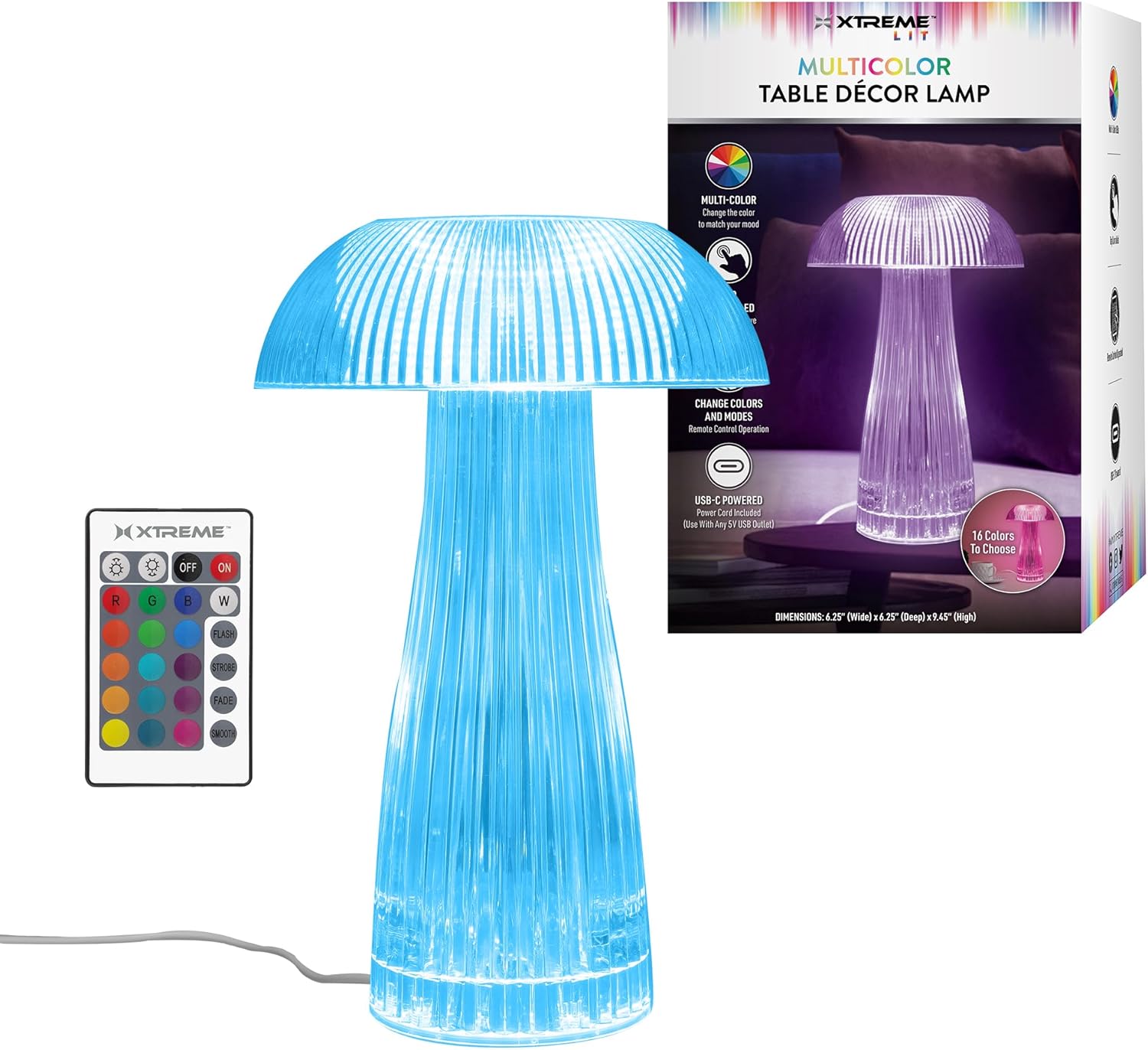 XTREME Wireless Lit Neon Multi-Color Mushroom Shape LED Tabletop Touch Lamp, with Remote, Crystal Finish, See Through Modern Side Table with lamp Room Decor
