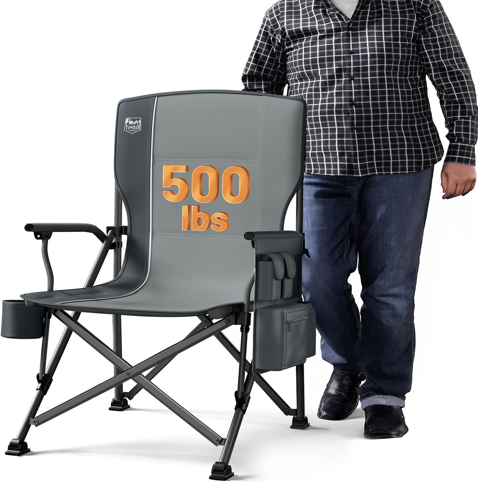 Oversized Folding Camping Chair High Back Heavy Duty for Adults Support up to 500lbs with Cup Holder, Side Pocket Cooler Bag