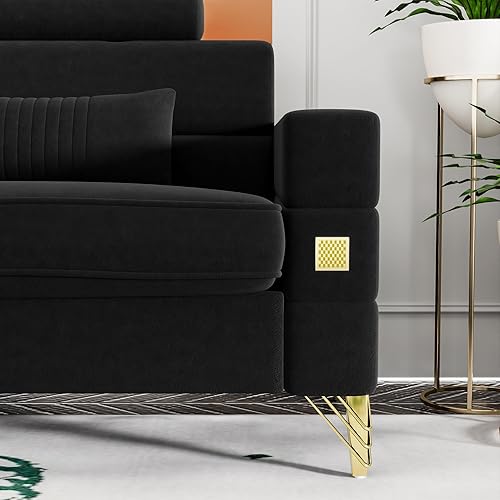 Miniatura 4 de Sofá de tres asientos de terciopelo de 85 "de terciopelo para sala de estar, sofá de tres asientos, 5.9 in, pies de hierro chapados en oro (15 negro)