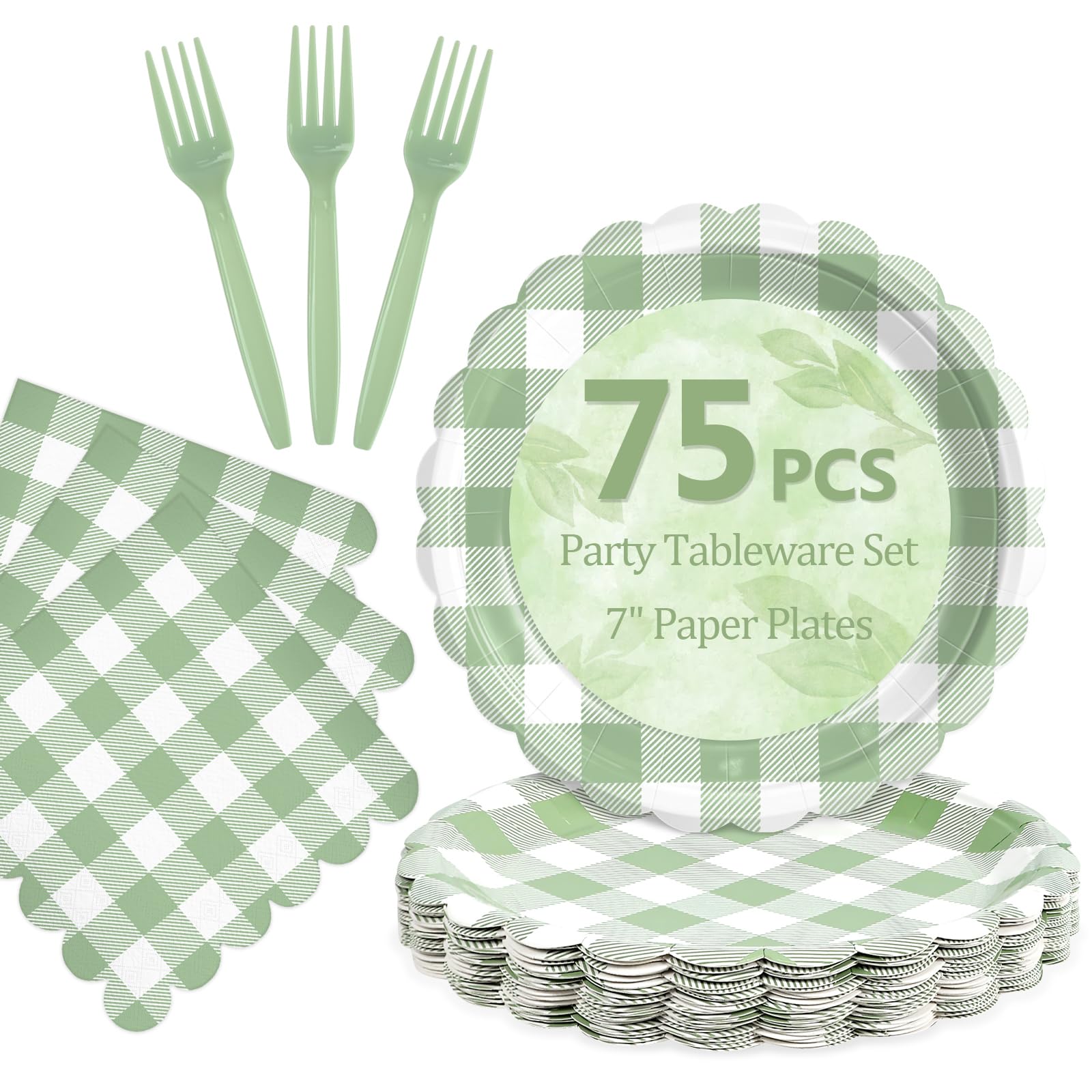 Mulbozy 75 Sage Green Gingham Paper Plates and Napkins Disposable for Party