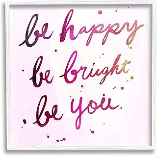 Stupell Industries Be Happy Bright Phrase Glam Positivity Sentiment, Designed by Junco. Studio White Framed Wall Art, 12 x 12, Pink