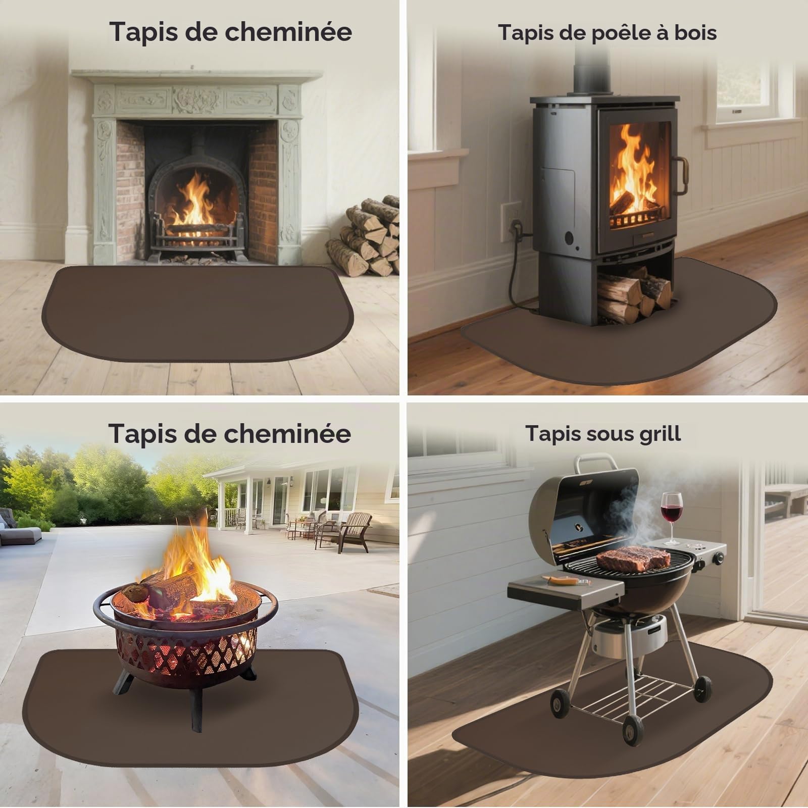 Tapis de cheminée résistant au feu, 80 x 50 x 0,1 cm, ignifuge, pour poêle à bois, cheminée, intérieur et extérieur, protège le sol contre les étincelles, marron