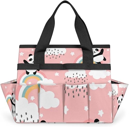 Cute Rainbow Panda Garden Tool Tote Bag for Women Men Gardening Tool Storage Bags with 10 Pockets Standable Garden Home Tool Kits Organizer for