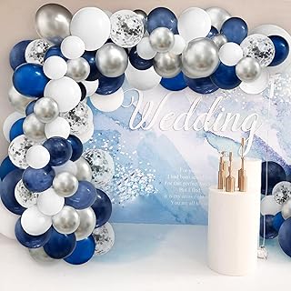 Silver Navy Blue Balloon Arch Kit, 125Pcs Navy Blue Silver White Balloons and Silver Confetti Balloons Garland for Wedding...