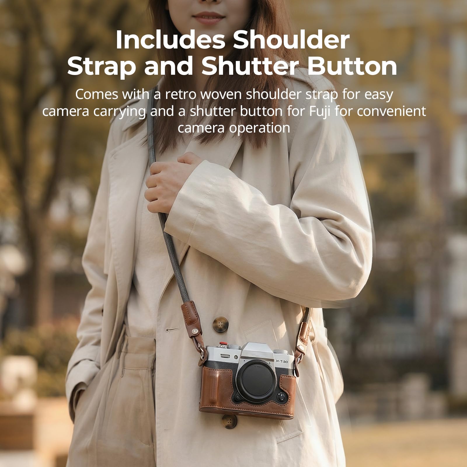 SMALLRIG X-T30 III Borsa semi-in pelle con tracolla per FUJIFILM X-T30 / X-T30 II/X-T30 III, borsa per fotocamera in stile retrò con telaio in alluminio e pulsante di scatto, marrone, 123.0 x 45.7 x