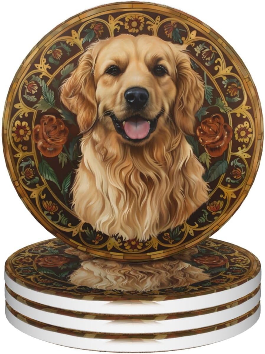 Set of 4 Golden Retriever Ceramic Drink Coasters, Water Moisture Absorbing Dog Coasters Condensation Bar Patio Table Cupholder Stoneware Coasters with Cork Backing for Dog Mom/Dad/Lover