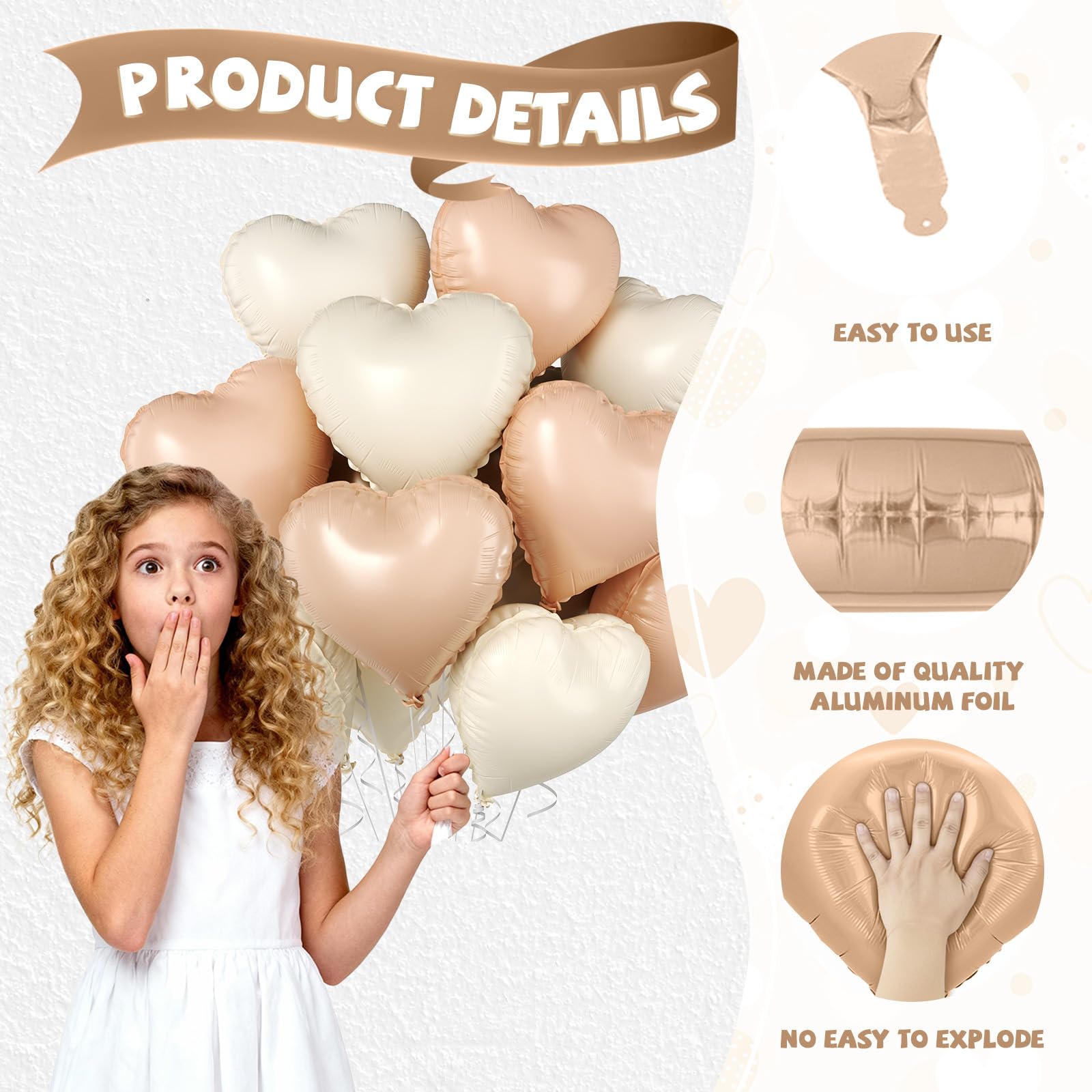 Cream Apricot Heart Balloons, 10 Pcs Beige White Caramel Foil Heart Shaped Balloon - Image 3