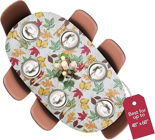 Covers For The Home - Funda de mesa ajustable de vinilo con bordes elásticos de lujo, diseño de hojas, redondo, ovalado, oblongo, se adapta a mesas